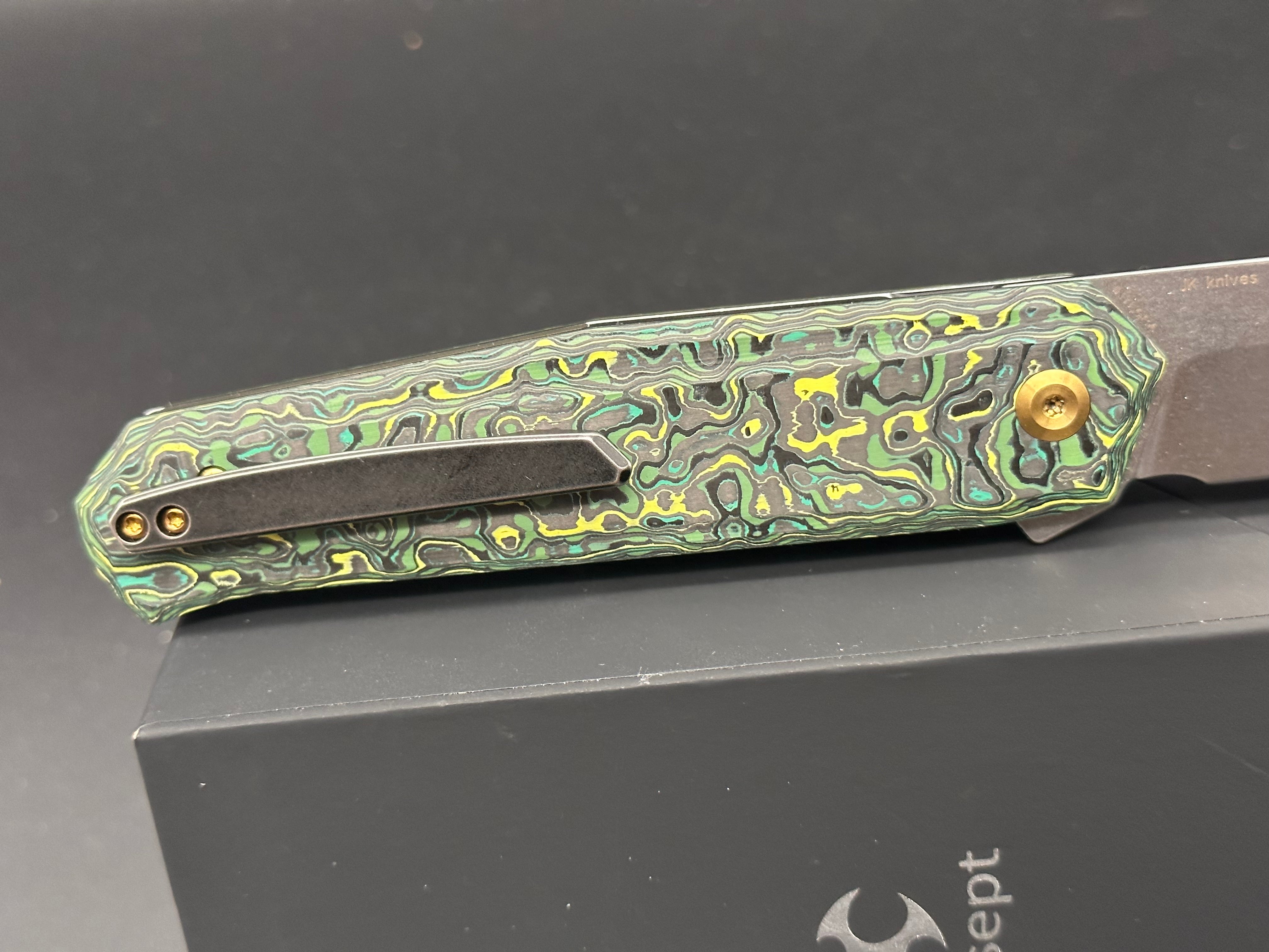 KANSEPT INTEGRA Folding Pocket Knife - Green/Yellow Carbon Fiber Handle, S35VN Blade - EDC, Outdoor, Camping, Survival Gear