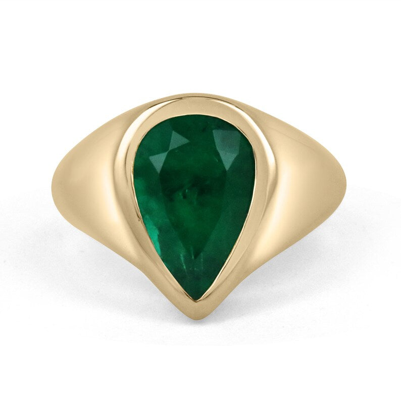 3.55 Carat 18K Gold AAA+ Bezel Teardrop Gypsy Colombian Emerald Solitaire Pear Ring for Engagement, Wedding, Anniversary & Special Occasions