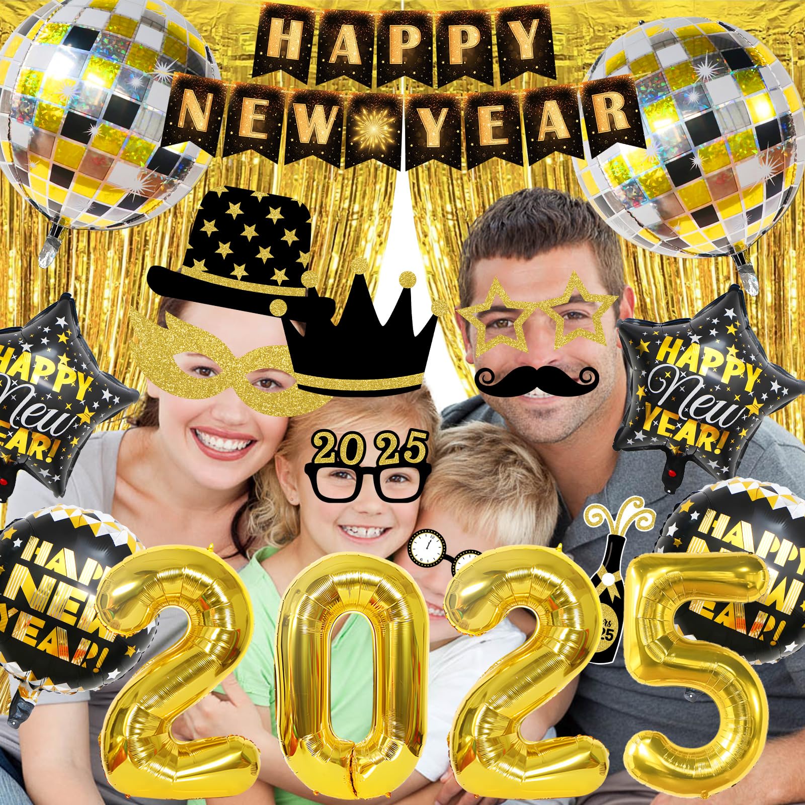 2025 New Year's Eve Party Supplies Kit - 74-Piece Set with 4D Disco Ball Balloons, Happy New Year Banner, Fringe Curtain & NYE Decorations for 2025 Celebrations | Perfect for Home Parties, Countdown Events & New Year Decorations