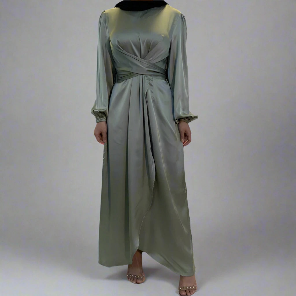 Elegant Muslim Tunic Satin Abaya Dress for Women - Modest Islamic Prayer Dress & Evening Wear - Perfect for Eid, Mosque, and Special Occasions
