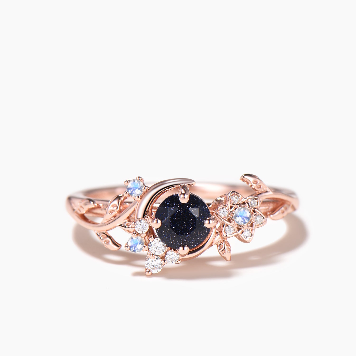 Round Blue Sandstone Moon Wedding Ring - Moonstone Diamond Nature Inspired Jewelry for Women - Perfect for Engagement, Anniversary & Boho Style Occasions