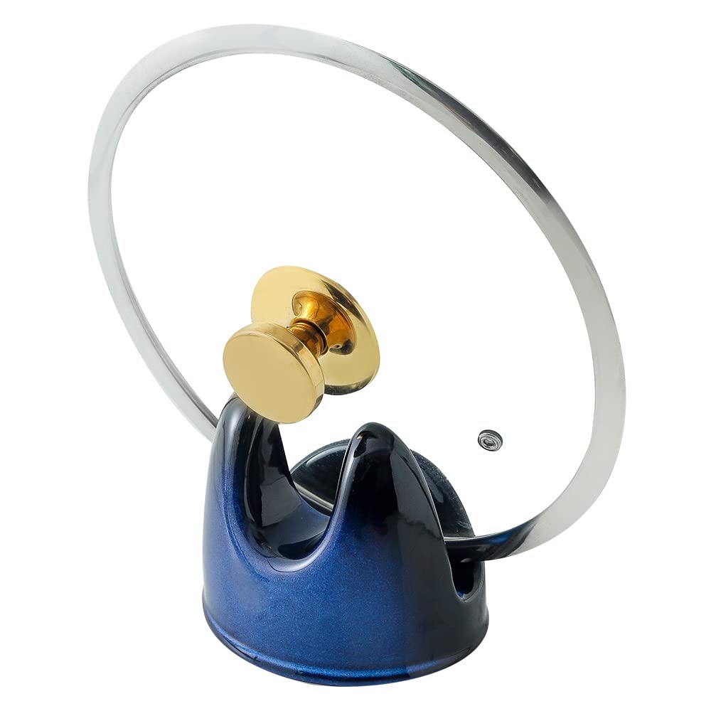 Nihow Stable Pot Lid Holder - Heat Resistant & Dishwasher Safe Ceramic Kitchen Organizer for Stove Top or Countertop - Elegant Black & Blue Small Size (1 PC) - Perfect for Cooking, Decorating & Organizing Your Kitchen