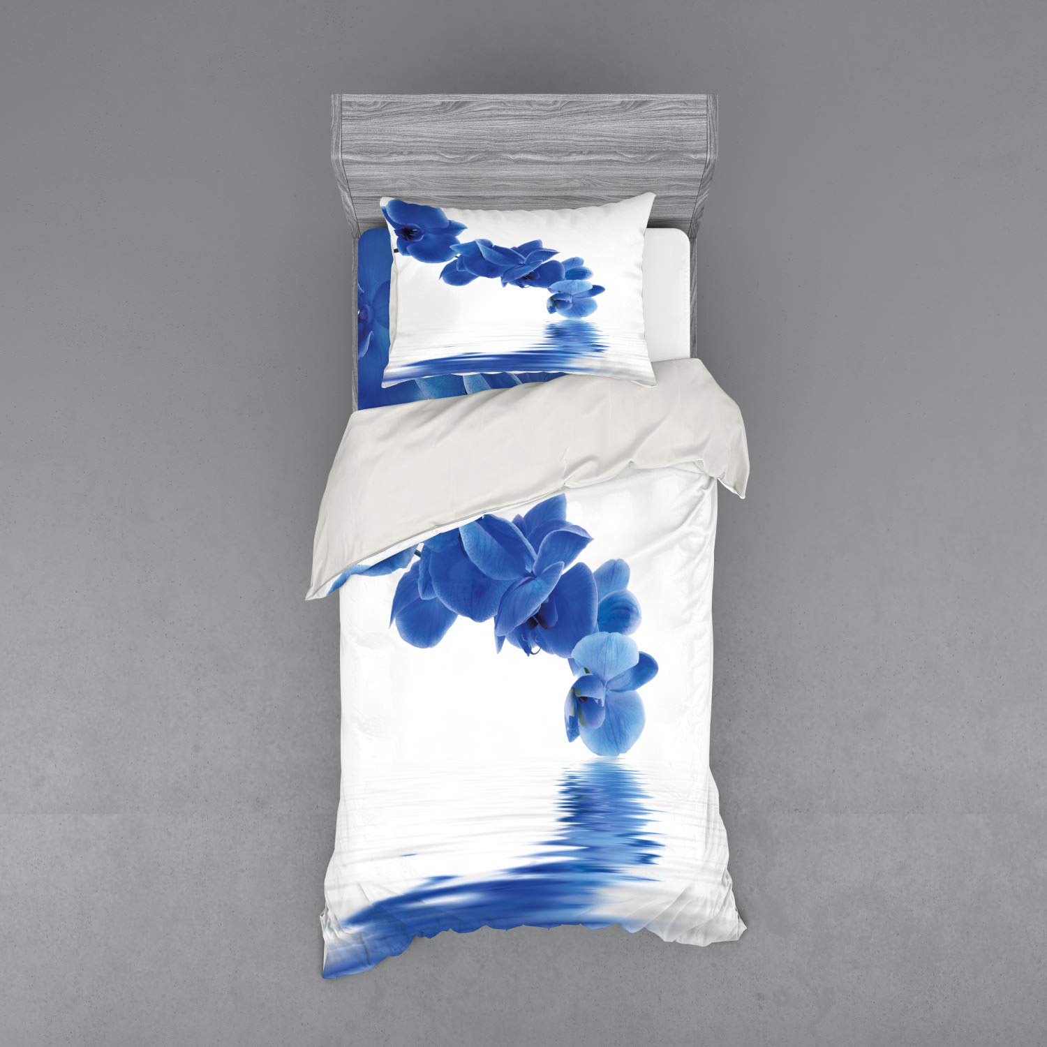 Ambesonne Blue Duvet Cover Set | 3-Piece Twin XL Bedding with Sham & Fitted Sheet | Water Reflection Orchid Corsage Bridal Garden Design in Violet Blue White | Perfect for Guest Bedrooms, Master Suites & Wedding Gift Registry