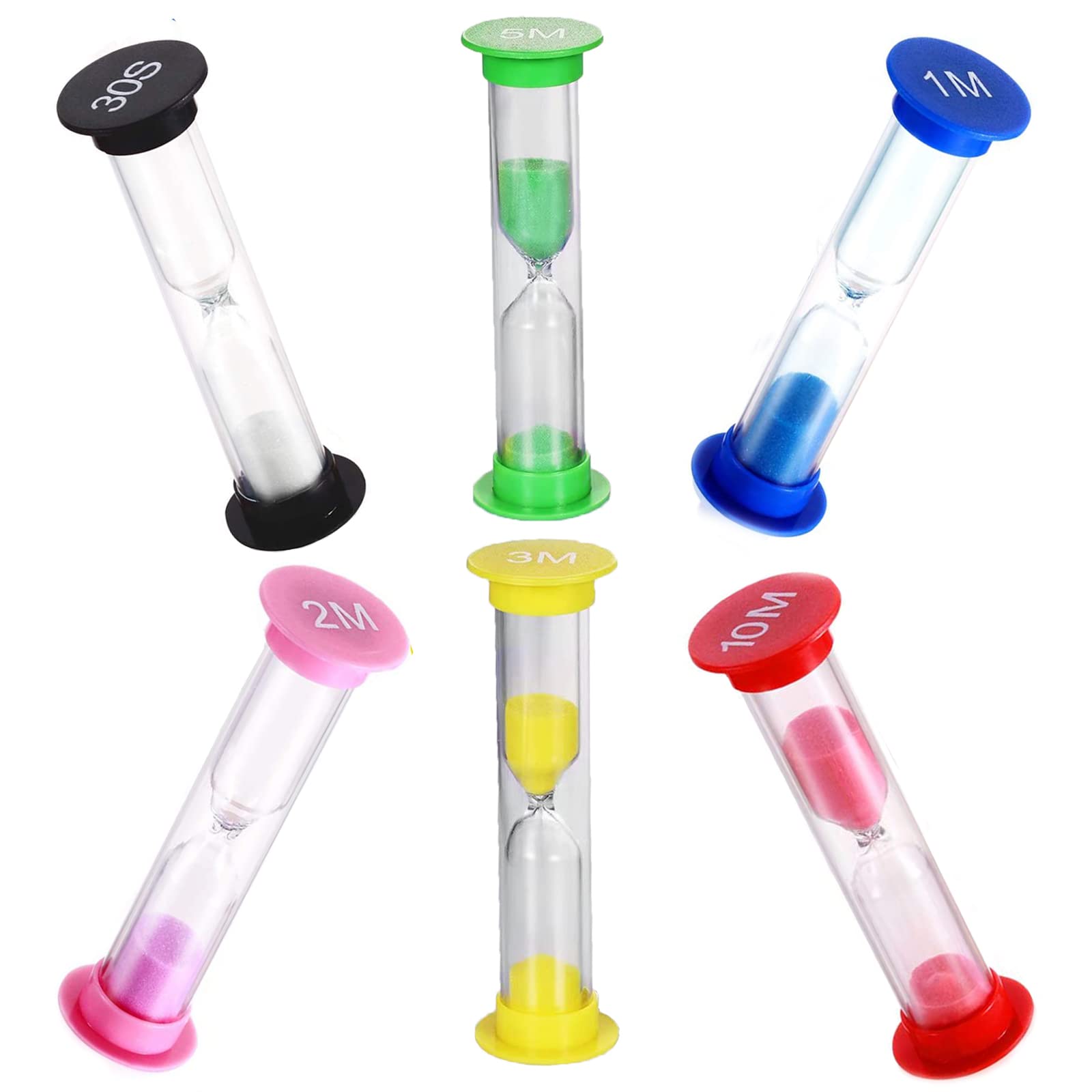 Colorful Sand Timer Set - 30 Sec/1 Min/2 Min/3 Min/5 Min/10 Min Hourglass Sandglass for Classroom, Home Office, Cooking & Board Games (Pack of 6)
