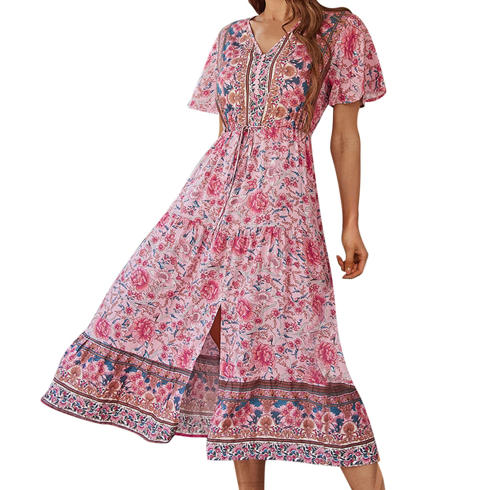 Women's Summer Dress 2024 - Short Sleeve Floral Print Boho Maxi Dress for Spring & Summer | Beach Vacation, Date Night, Casual Outfit