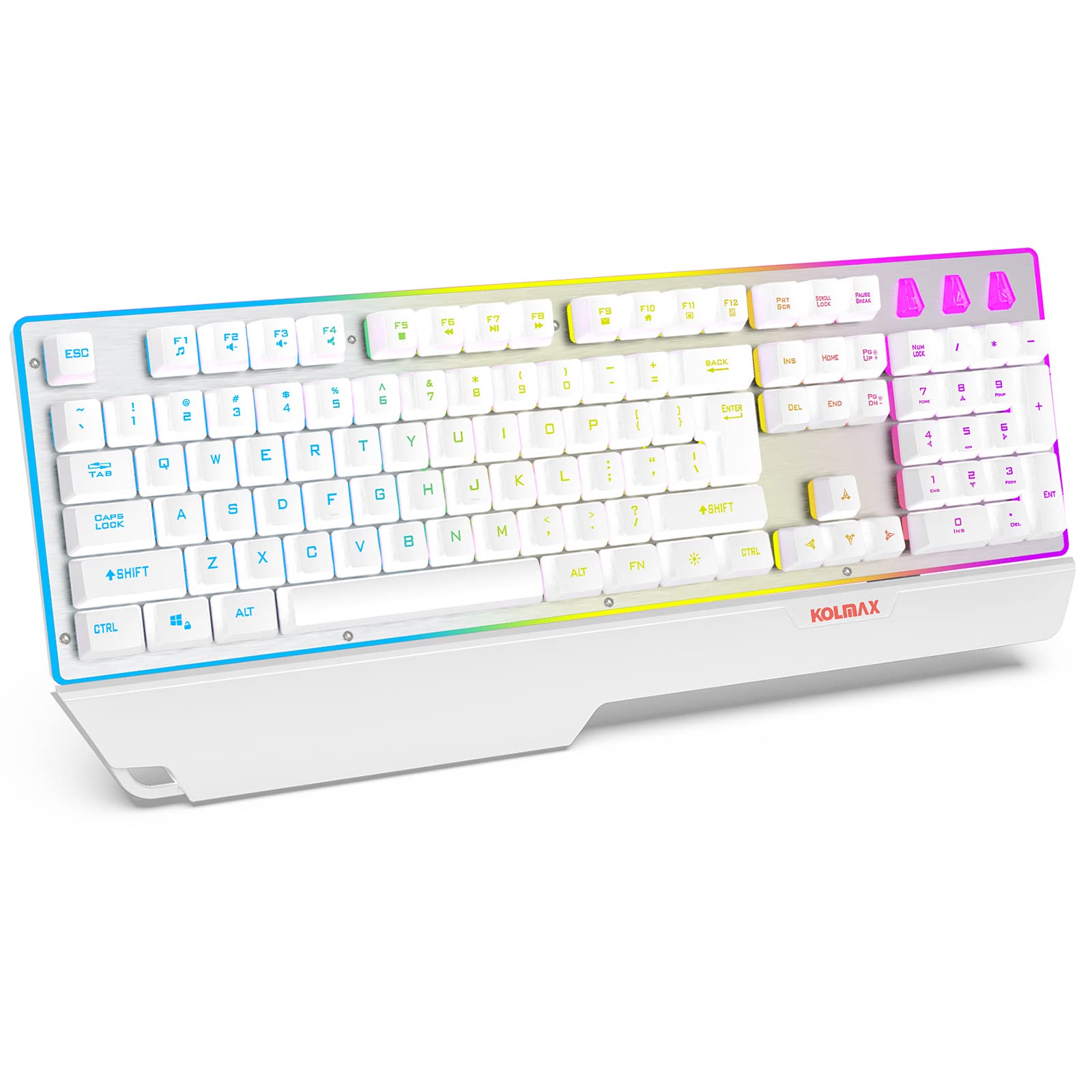 Rainbow Backlit Mechanical Feel Gaming Keyboard - 104 Keys with Ergonomic Detachable Wrist Rest & Transparent Aluminum Panel for PC, PS4, Xbox, Mac - Perfect for Office Work & Competitive Gaming