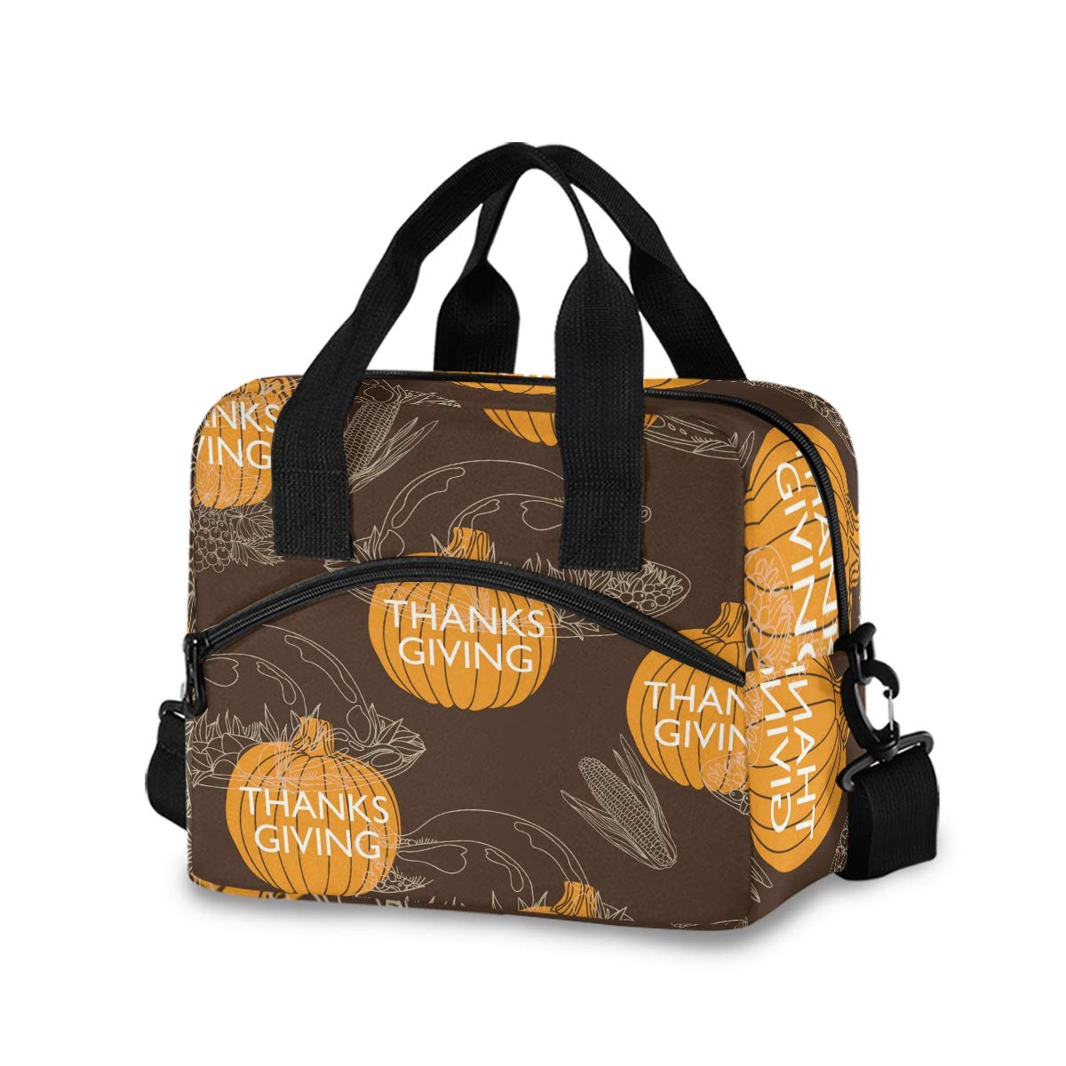 Insulated Thanksgiving Turkey Pumpkin Leaves Lunch Bag for Women & Men - Reusable Cooler Tote with Detachable Shoulder Strap & Carry Handle - Perfect for Work, School, Picnic & Holiday Gatherings