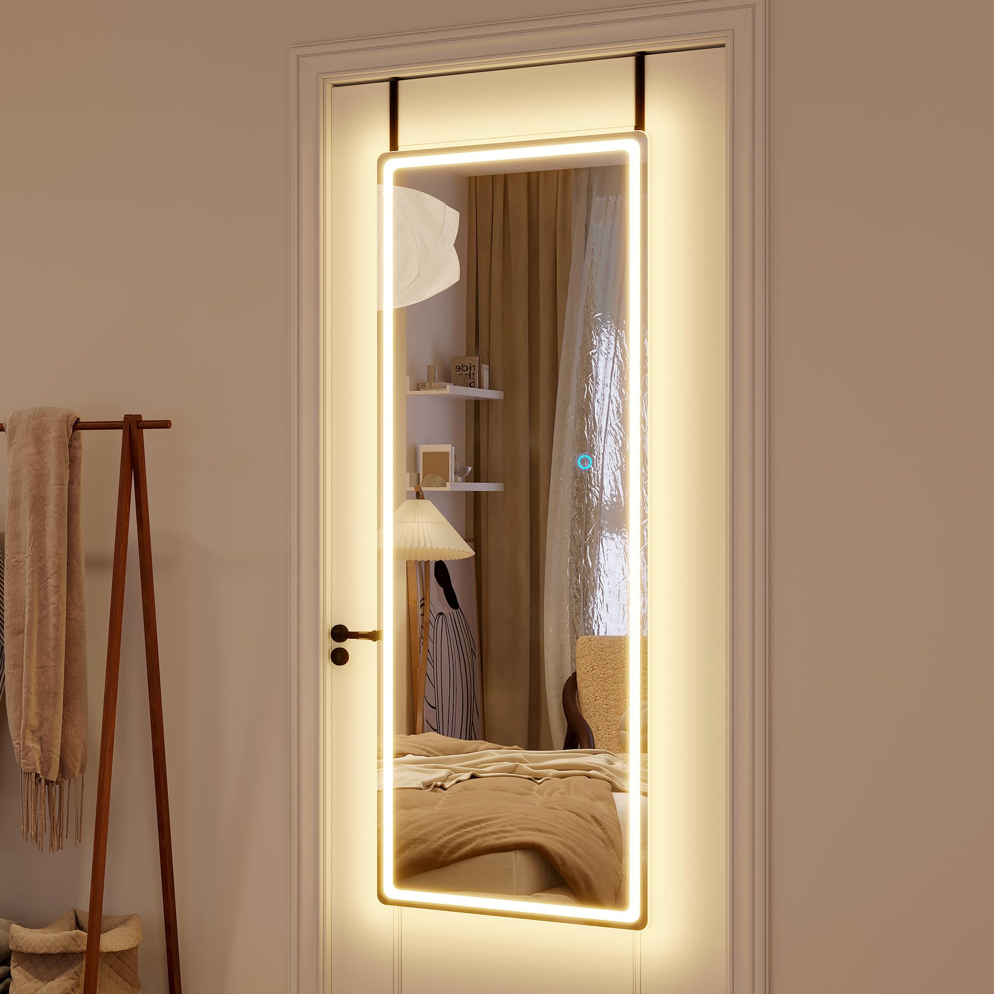 LVSOMT 47x14 Inch Full Length LED Lighted Mirror - Over The Door Hanging & Wall Mounted Full Body Mirror with Lights for Bedroom, Living Room, Dressing Room (White) - Perfect for Makeup, Outfit Checks & Home Decor