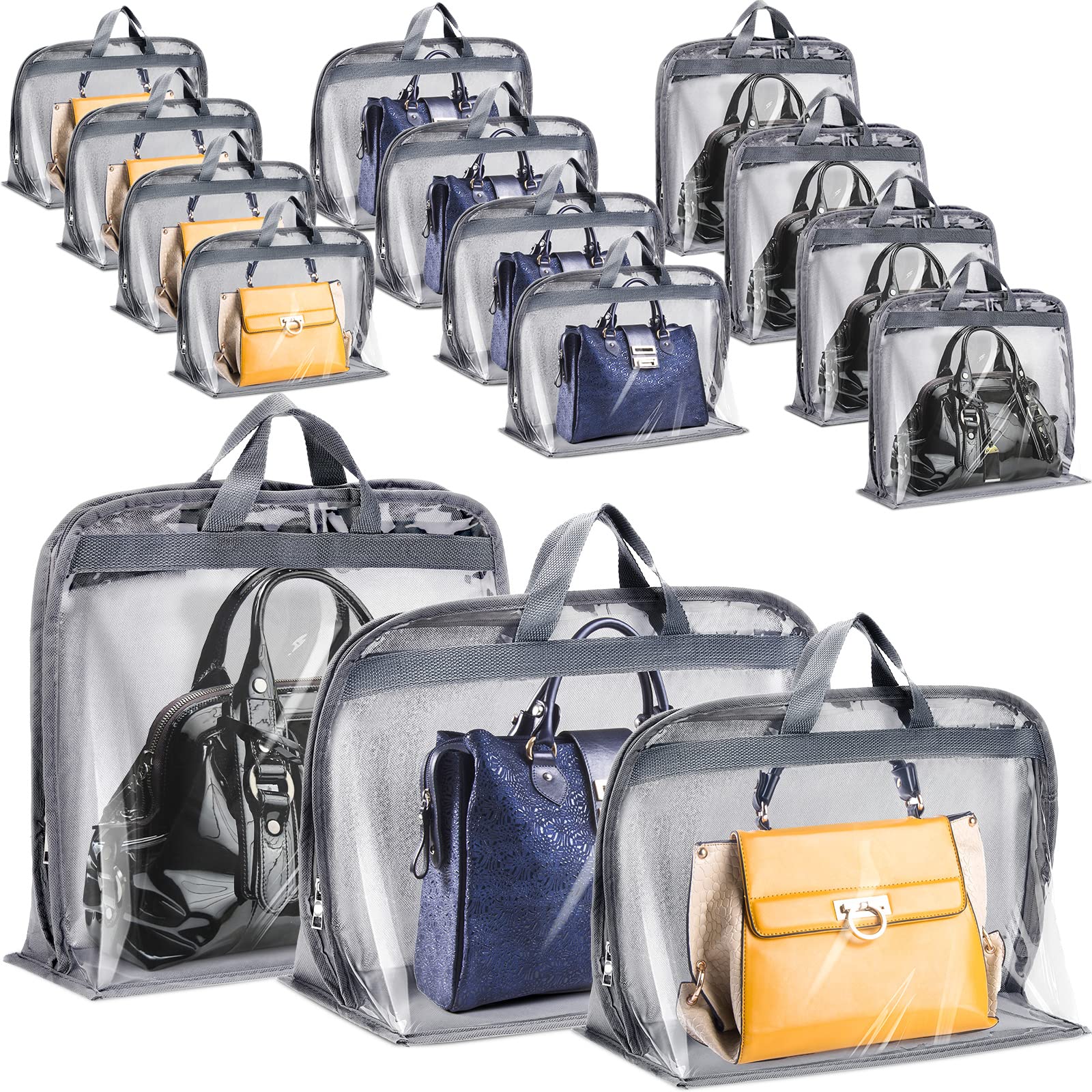 15 Pcs Clear Dustproof Handbag Storage Organizer with Zipper & Handles - 3 Sizes (5 Each) for Purse Closet Organization | Perfect for Travel, Home & Office Storage (Gray)