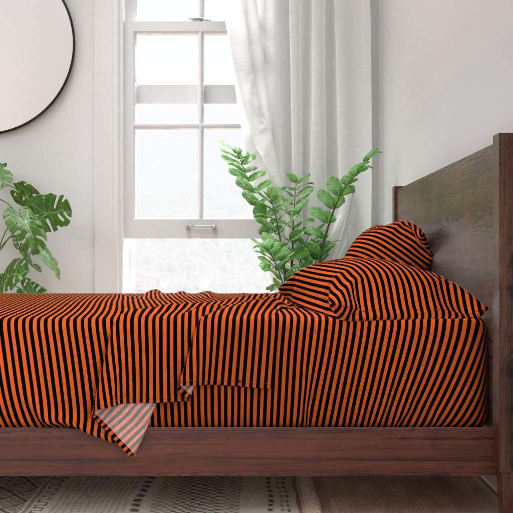 Halloween Stripes Orange Black Geometric Print 100% Cotton Twin 3-Piece Sheet Set | Custom Bedding for Witch Costume Party & Spooky Home Decor