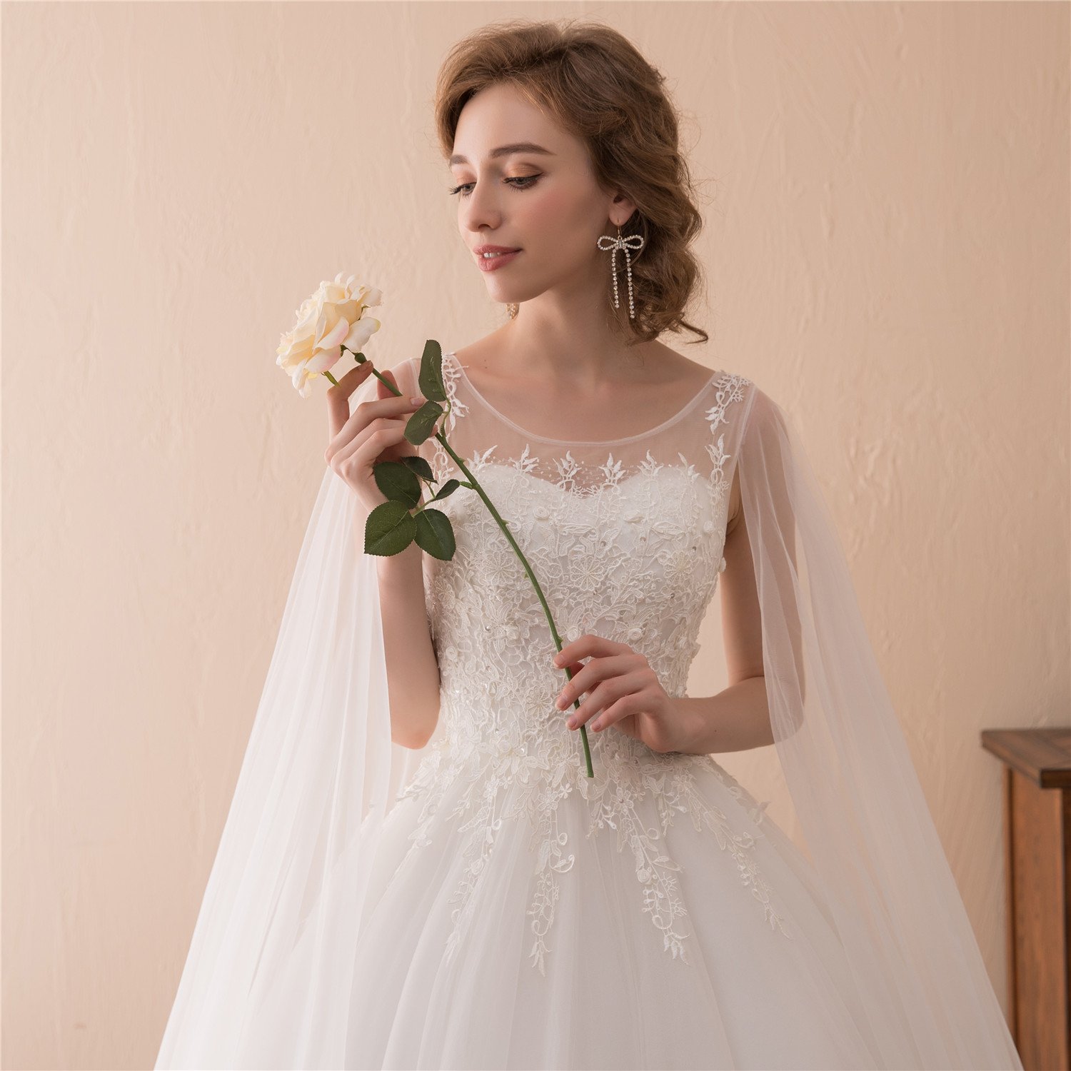 Elegant A-Line Lace Applique Tulle Wedding Dress with Detachable Shawl for Bride - Perfect for Church Ceremony, Beach Wedding & Romantic Photoshoot