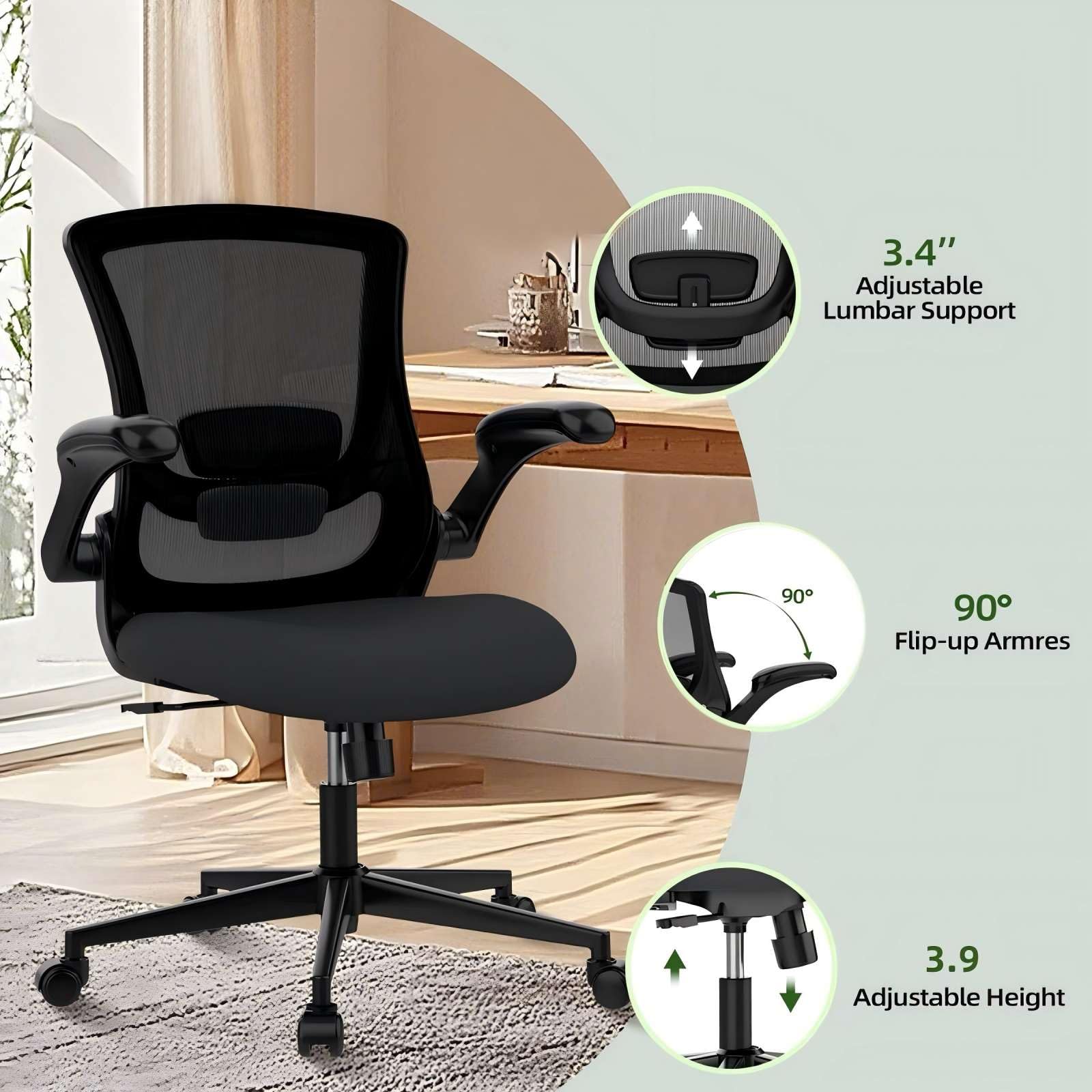 Ergonomic Office Chair with Adjustable Armrests & Lumbar Support - Breathable Mesh Back Computer Desk Chair for Home Office, Gaming, Study & Workstation (Black) - Perfect for Long Hours Sitting Comfort