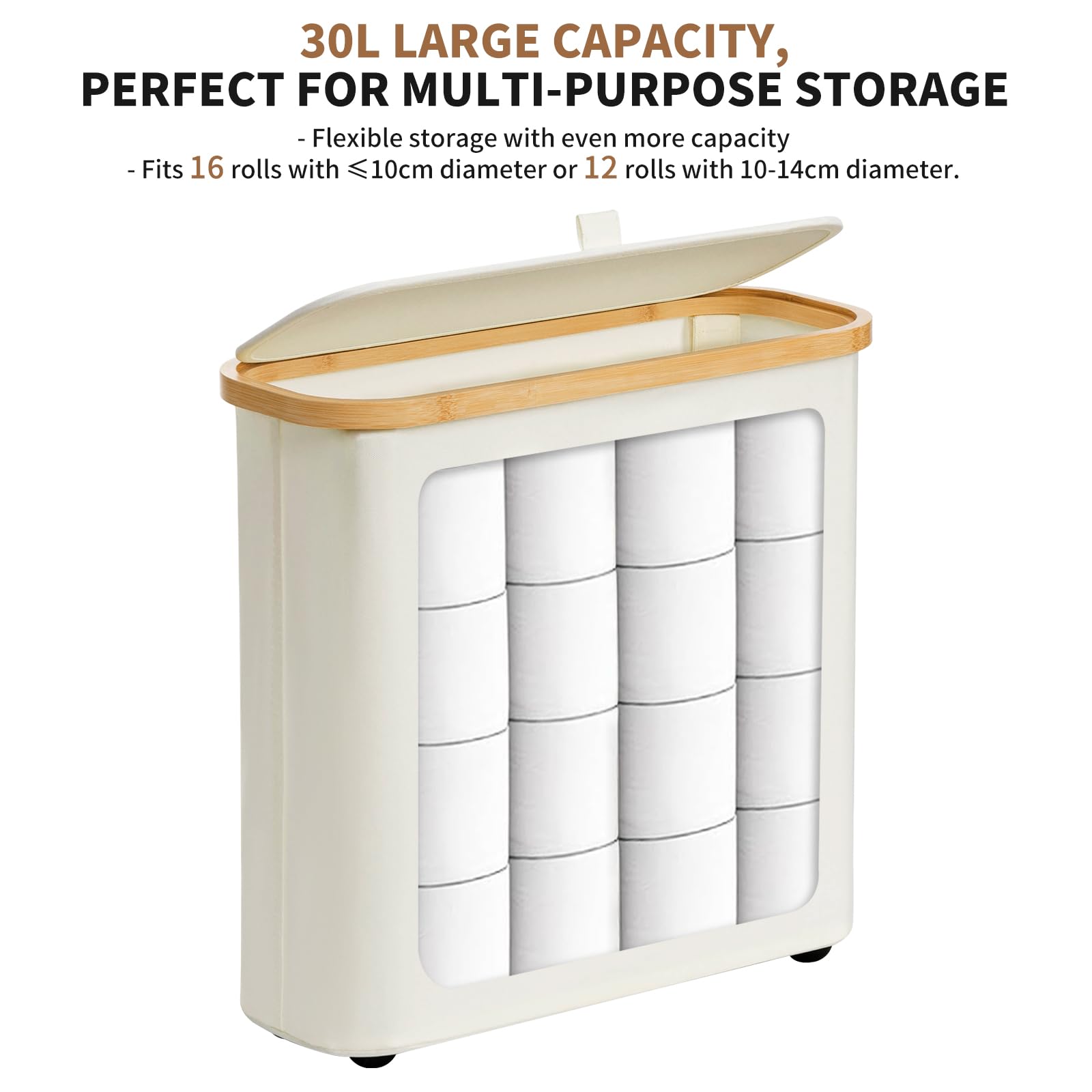 30L Bamboo Toilet Paper Storage Basket with Lid & Handle - Bathroom Tissue Organizer for 12-16 Rolls, Free Standing Toilet Paper Holder Stand - Perfect for Bathroom, Laundry Room, or Closet Storage Organization