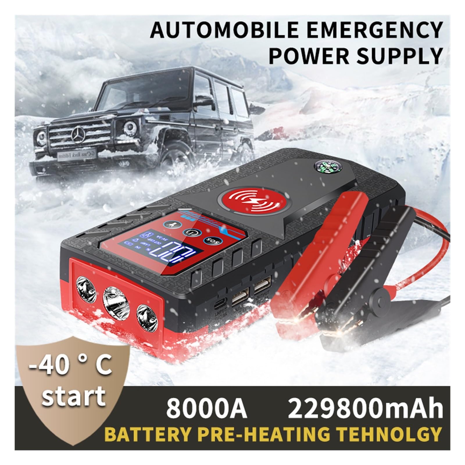 Portable Car Jump Starter with Wireless Power Bank - 99800mAh Emergency Battery Booster, Phone Charger & Compass - Perfect for Roadside Emergencies and Outdoor Adventures
