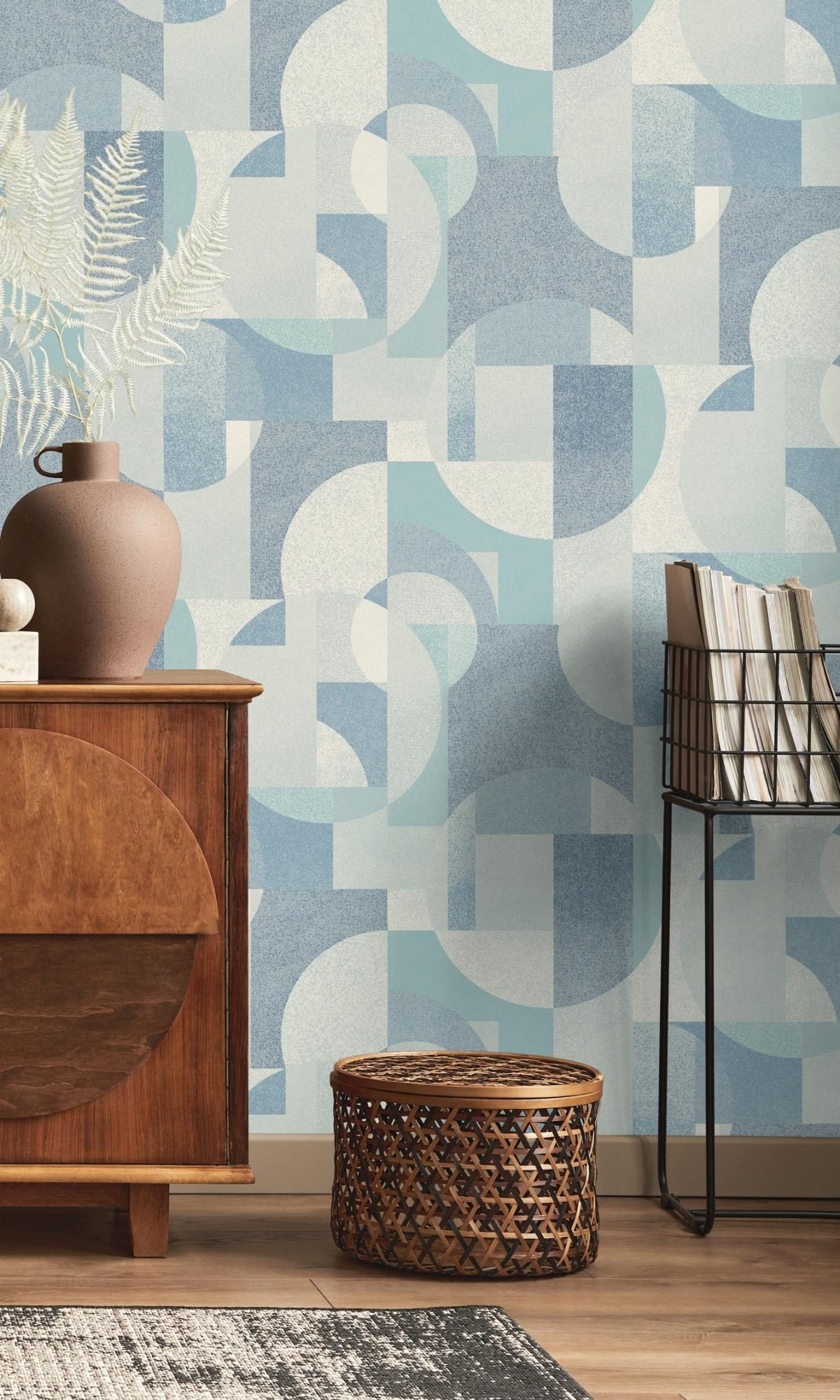 Blue Retro Abstract Geometric Wallpaper R7697 - Modern Peel & Stick Wallpaper for Living Room, Bedroom, Office Decor