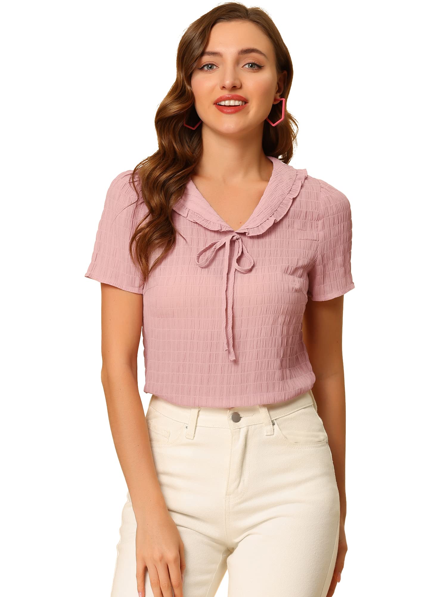Allegra K Women's Peter Pan Collar Tie Neck Ruffle Blouse - Elegant Floral Print Tops for Office, Date Night & Special Occasions