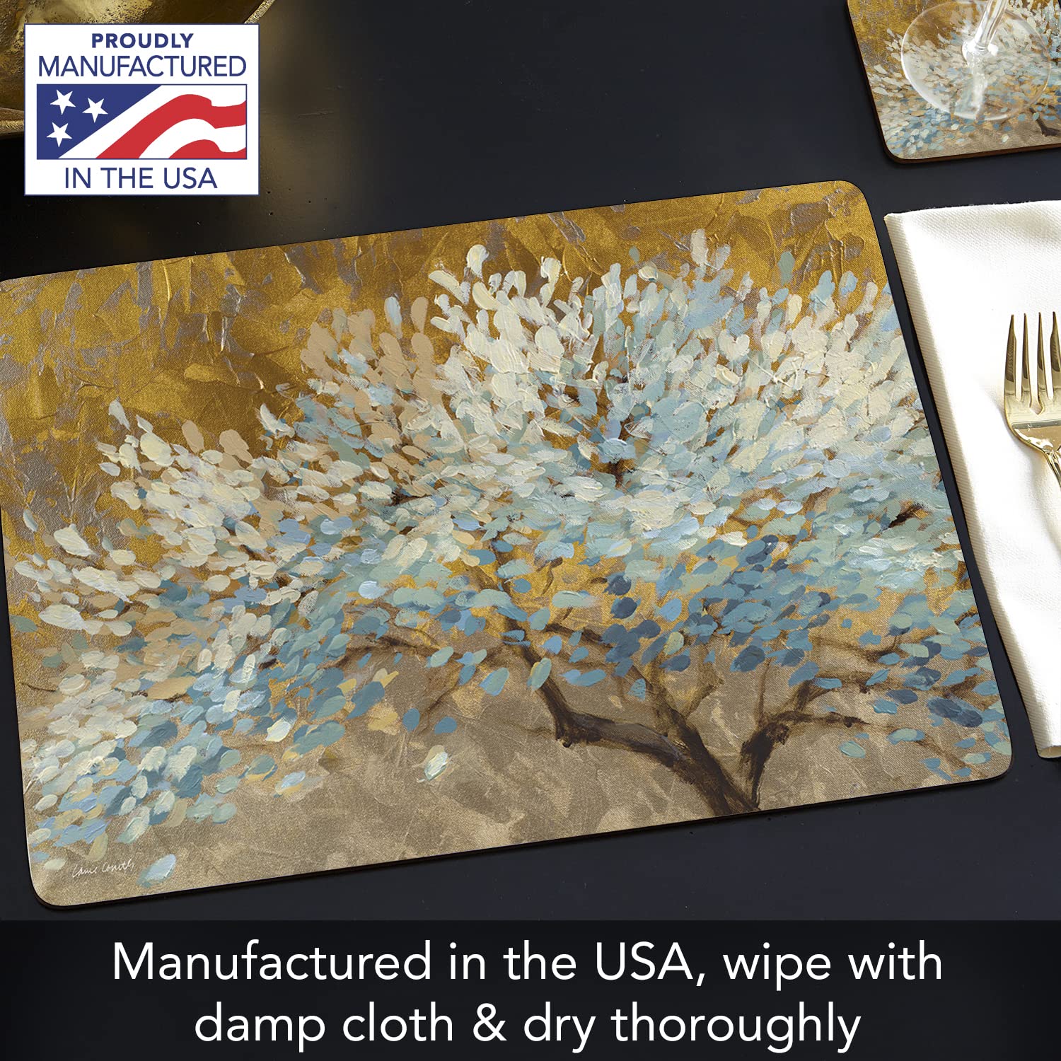 Cala Home A Thousand Lifetimes Decorative Hardboard Cork Back Tabletop Placemats - Set of 4 | Heat Resistant & Easy to Clean | Made in USA | Perfect for Dining Tables, Kitchen Countertops & Office Desks