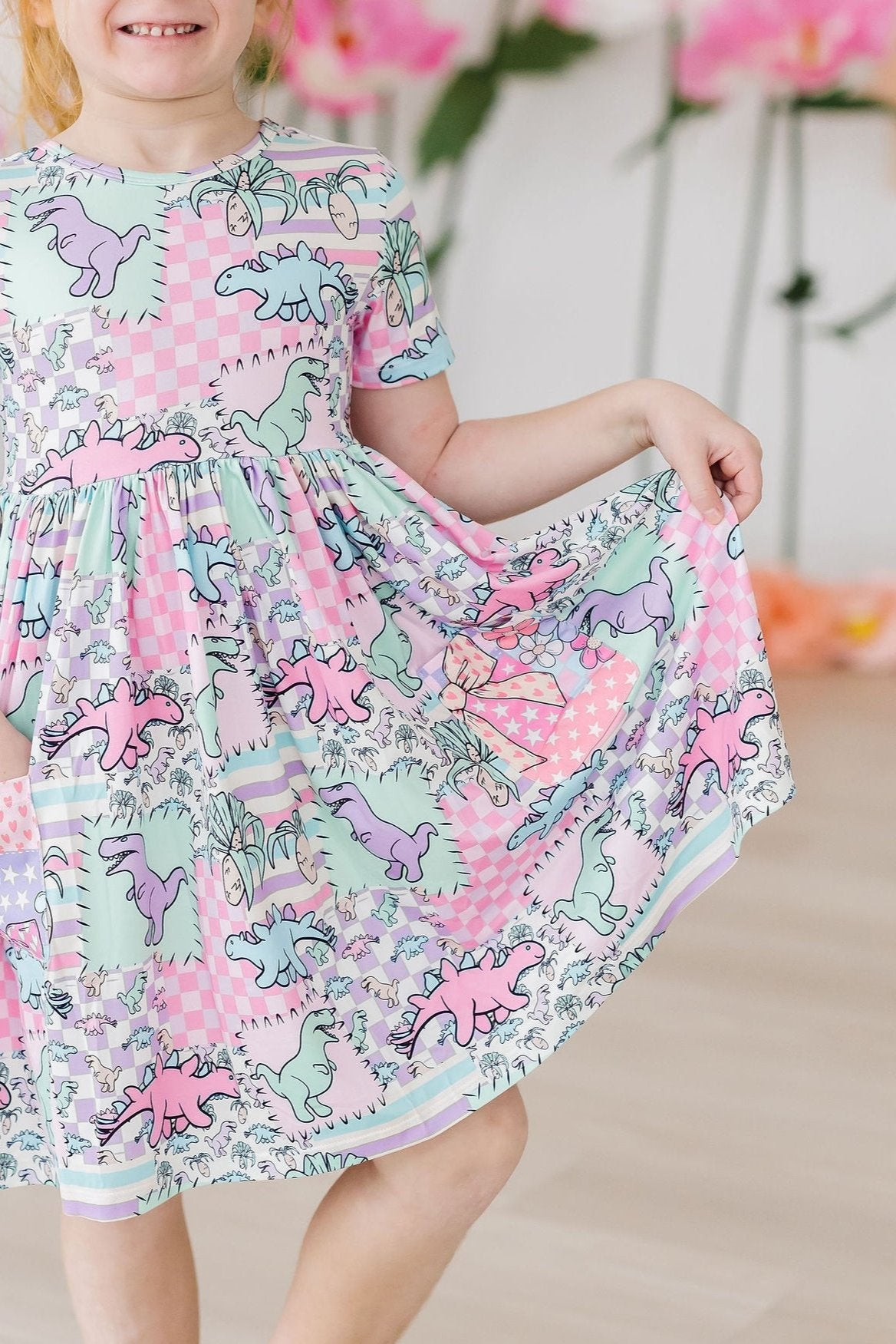 Quilted Dinosaur Short Sleeve Pocket Twirl Dress for Girls - Playful & Comfortable Summer Outfit for Parties, Playdates & Special Occasions