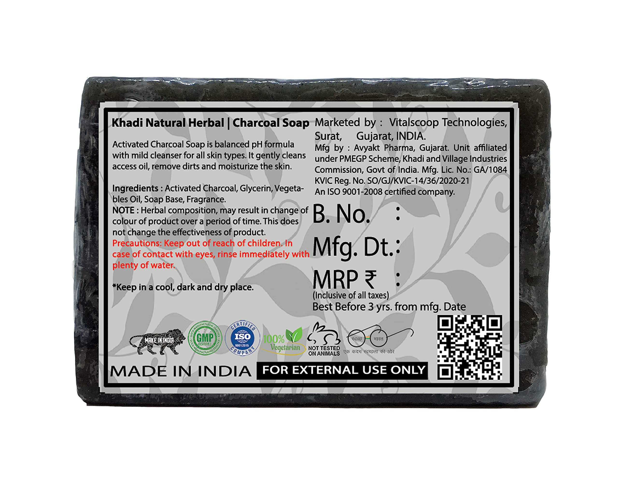 Khadi Natural Herbal Activated Charcoal Soap for Women & Men - Detoxifying Face & Body Cleanser with Essential Oils (4-Pack, 100g Each) | Perfect for Acne-Prone Skin & Daily Deep Cleansing Routine