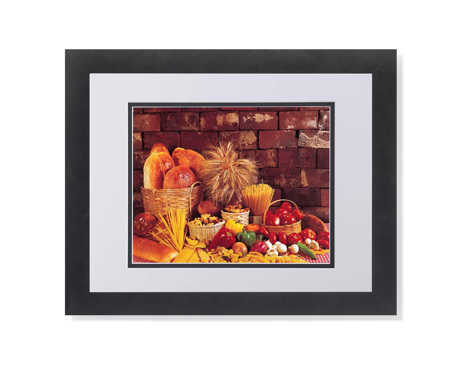 Premium Framed Kitchen Wall Art Print - Bread Loaves, Pasta, Peppers & Onions | Black & White Matte | Perfect for Farmhouse, Restaurant & Home Decor