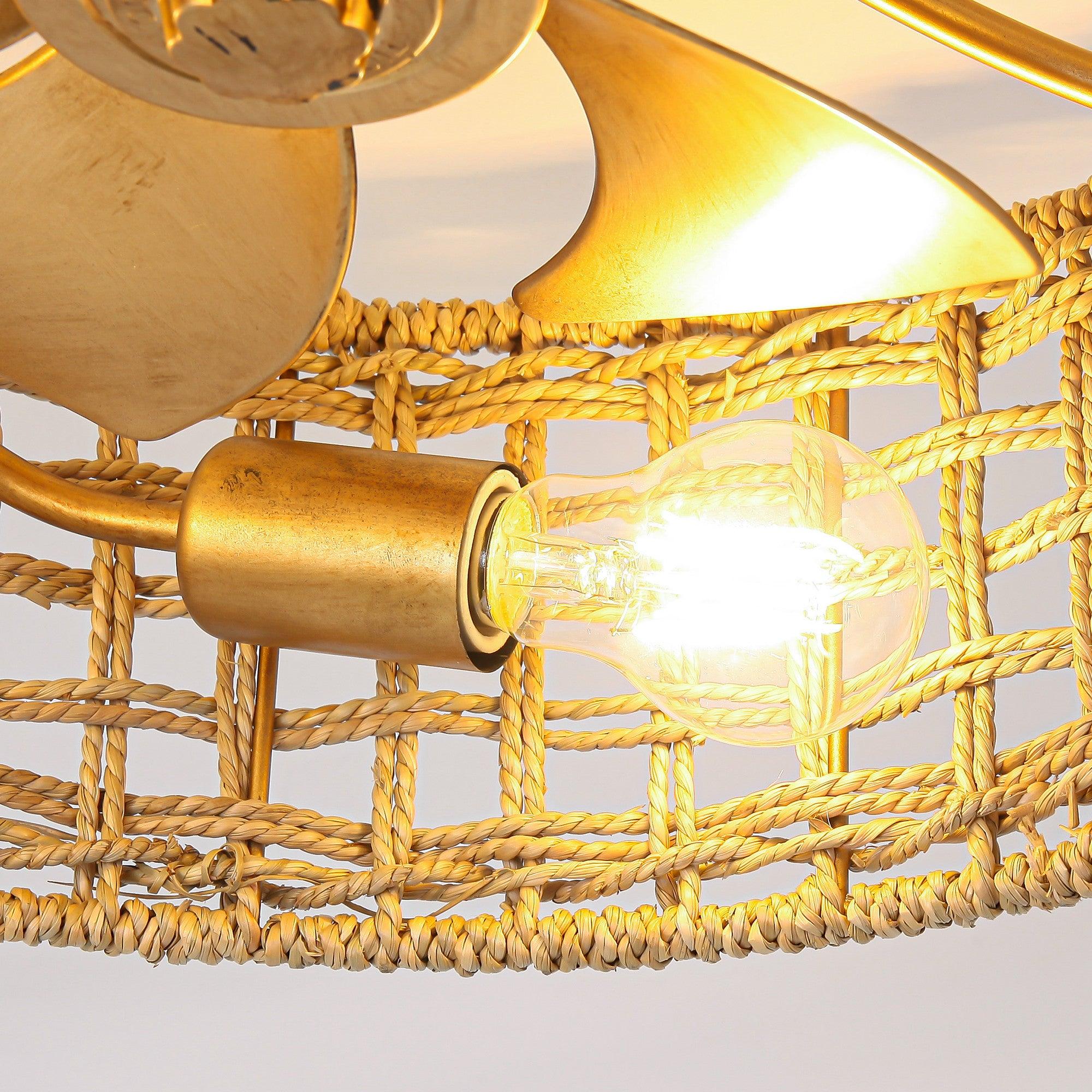 18 Inch Golden Farmhouse Rattan Flush Mount Ceiling Fan with Light - Smart APP & Remote Control - Perfect for Bedroom, Living Room, and Patio