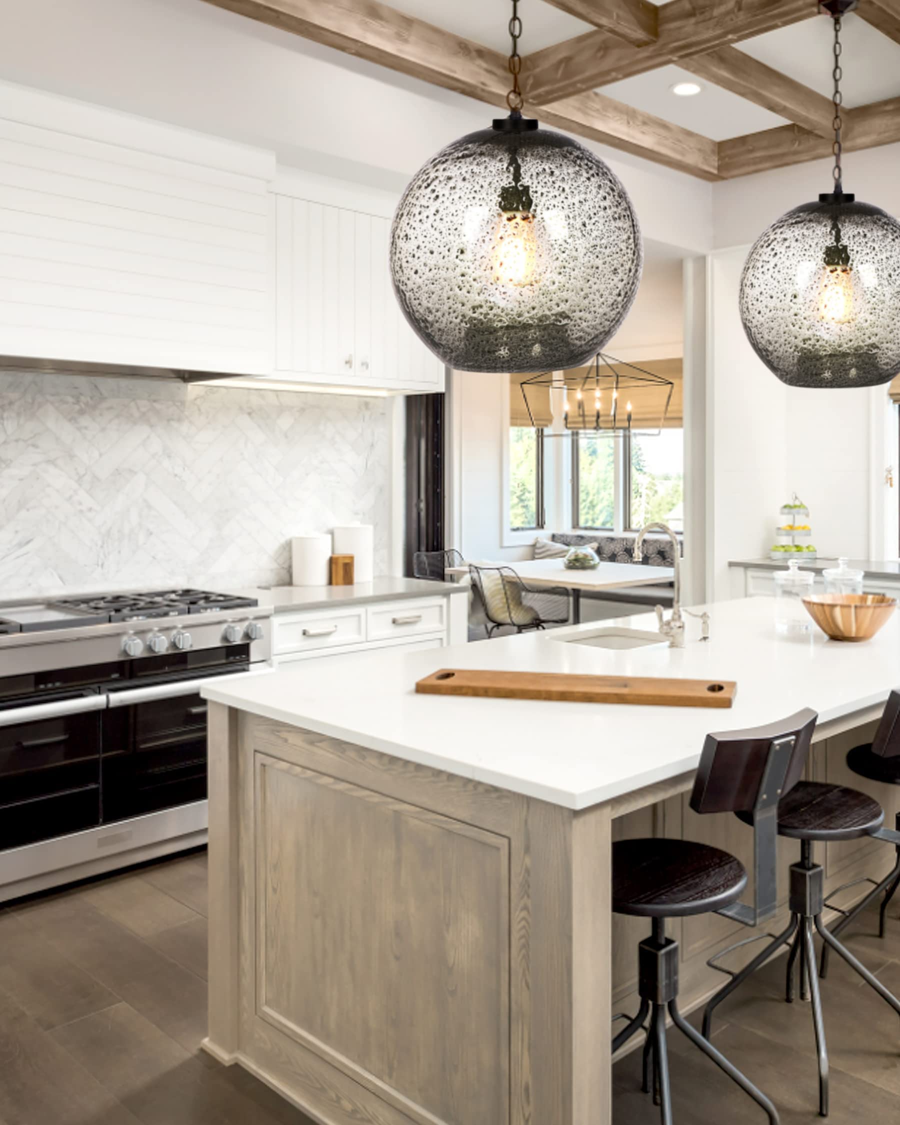 CASAMOTION Hand Blown Glass Pendant Light - 15.6 Inch Rustic Farmhouse Ceiling Hanging Fixture with Clear Marble Globe for Kitchen Island, Dining Room Table & Entryway Lighting | Dimmable Modern Chandelier for Hallway, Living Room & Bedroom Decor