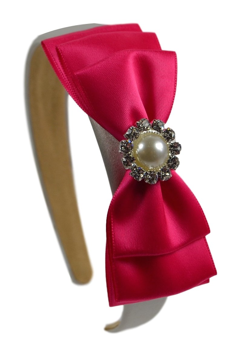 Funny Girl Designs Satin Layered Bow Headband with Jeweled Pearl Center for Girls - Hot Pink | Perfect for Birthday Parties, Pageants & Special Occasions
