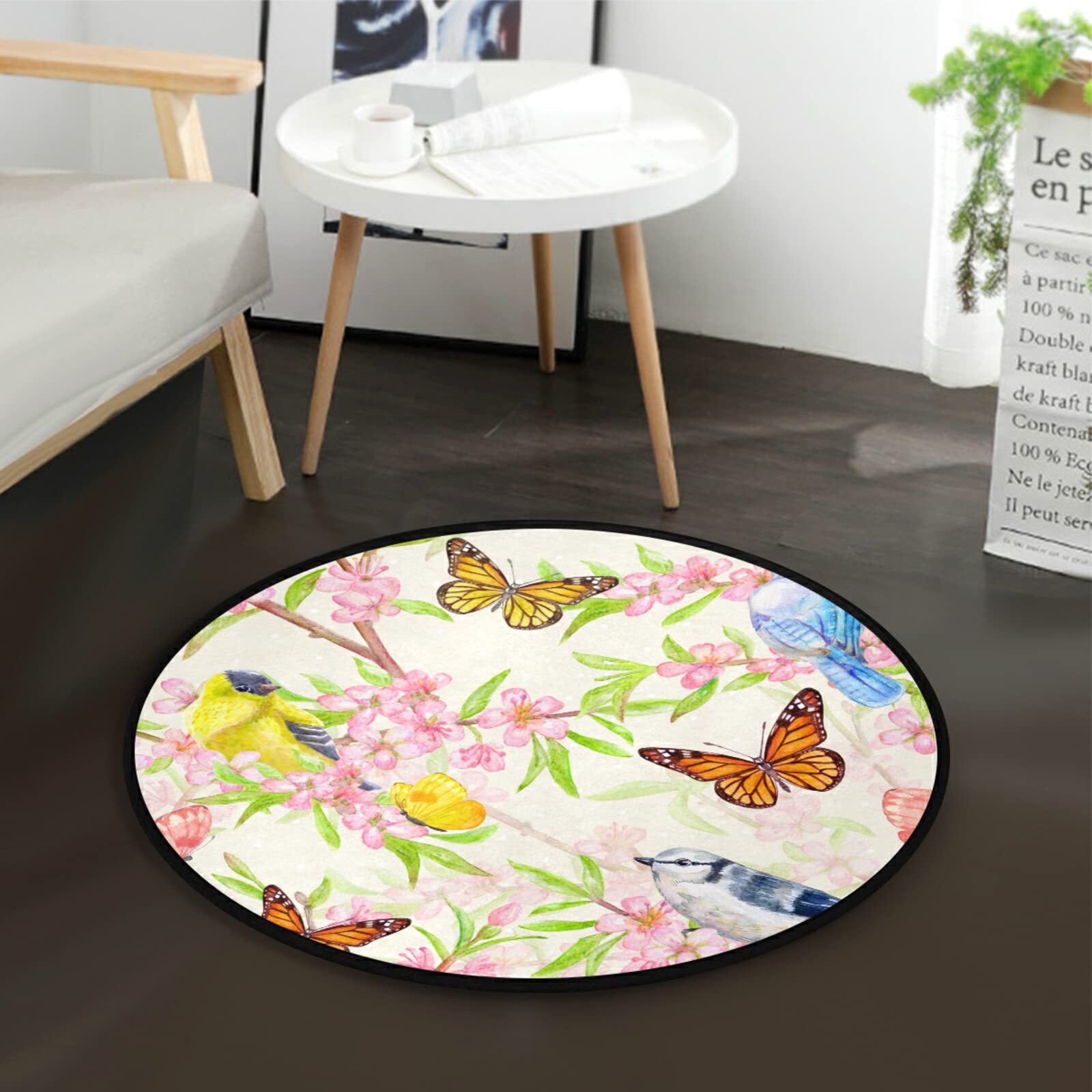 Spring Butterflies Birds Round Non-Slip Area Rug - Pink Floral Washable Soft Circle Carpet for Bedroom, Living & Dining Room - Perfect for Home Decor, Kids Play Area & Cozy Floor Mat (3ft)