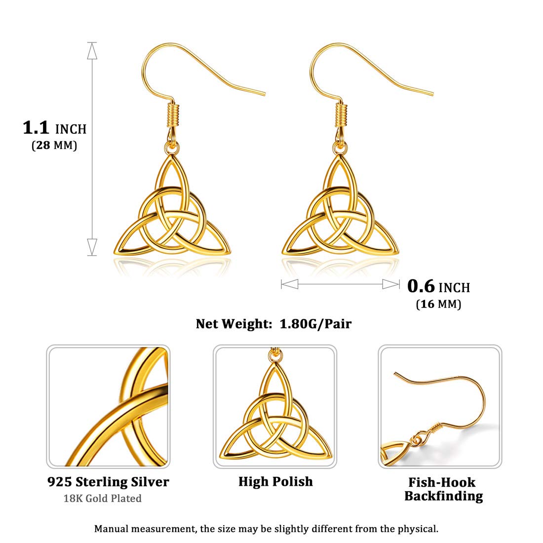 Hypoallergenic 925 Sterling Silver Celtic Knot Drop Earrings for Women - Triquetra Triangle Dangle Irish Jewelry with Gift Box | Perfect for St. Patrick's Day, Irish Weddings & Good Luck Gifts