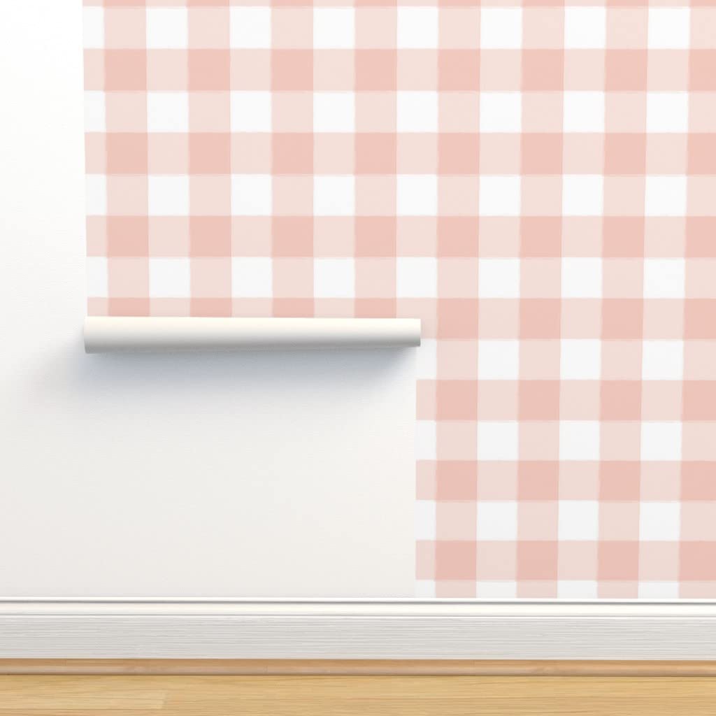 Peel & Stick Wallpaper 9ft x 2ft - Large Blush Pink Buffalo Check Gingham Watercolor Removable Wallpaper for Nursery, Girls Room, Bedroom & Home Decor | Easy DIY Installation