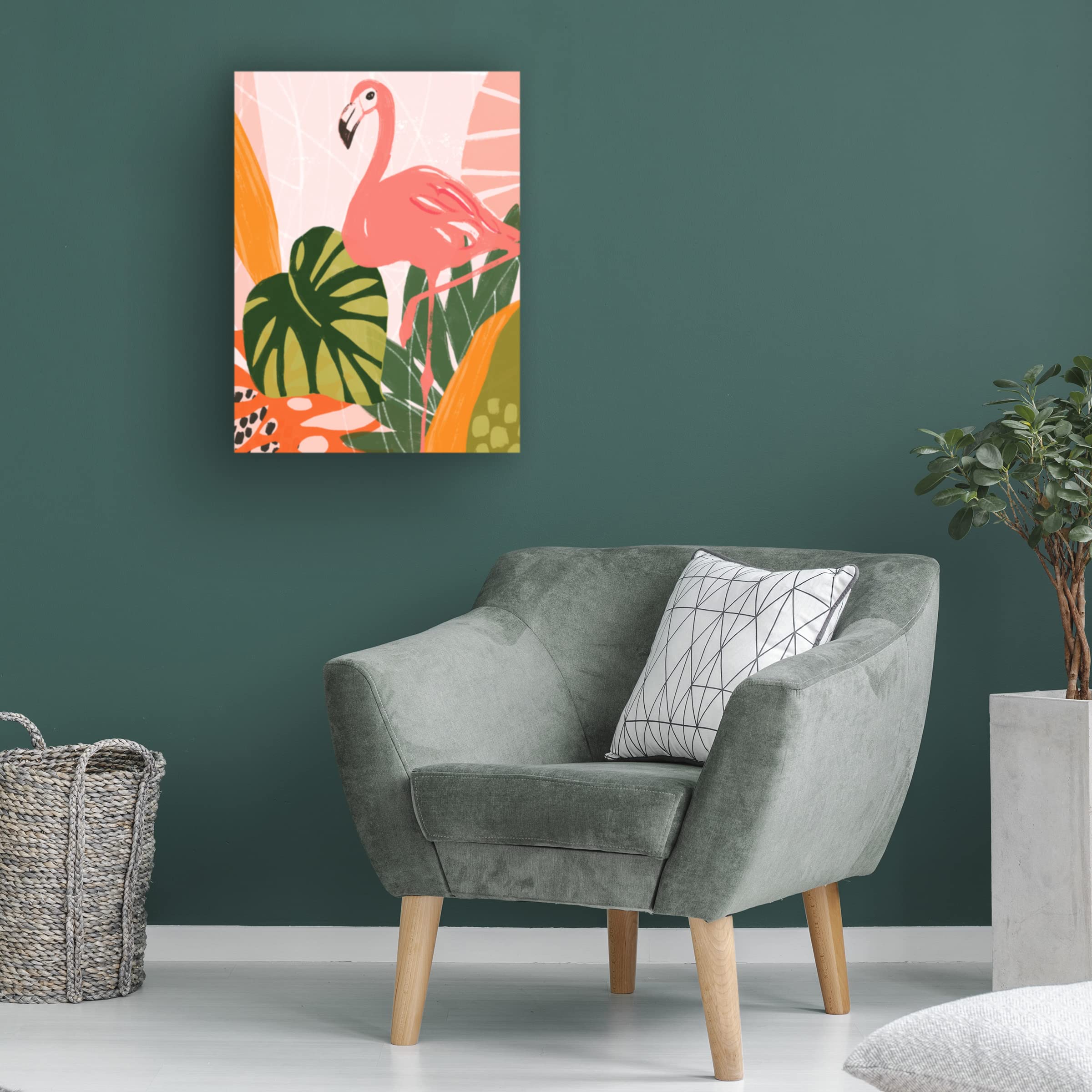 Jungle Flamingo I Canvas Wall Art Print by June Erica Vess - Tropical Flamingo Painting for Living Room, Bedroom & Office Decor