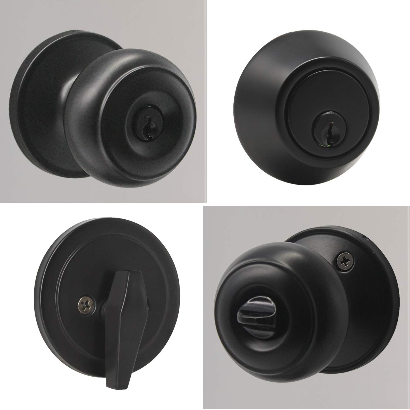 3 Pack Matte Black Stainless Steel Flat Ball Door Knobs with Single Cylinder Deadbolts - Keyed Alike Entry Door Lockset for Right/Left Handed Doors - Perfect for Home, Office & Apartment Security