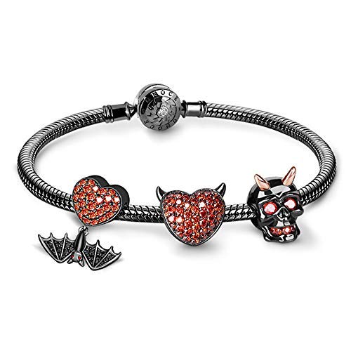 GNOCE 925 Sterling Silver Snake Chain Bracelet with Skull, Heart & Bat Charms - Adjustable Bangle for Women & Men | Perfect for Gothic Fashion, Halloween Costumes & Everyday Boho Style Jewelry