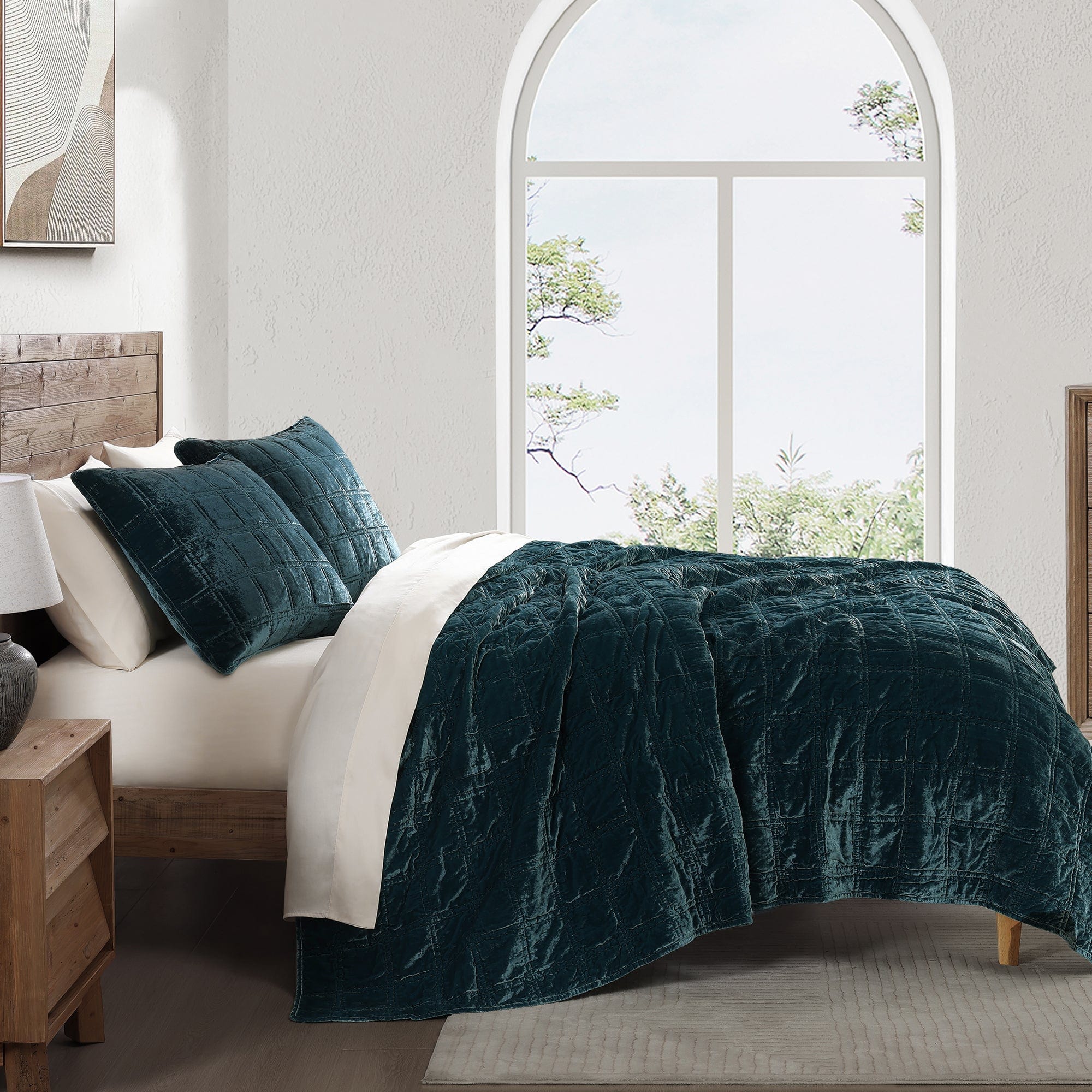 Luxury Stella Faux Silk Velvet Double Box Stitch Quilt Set - Queen Size Bedding with Decorative Stitching - Perfect for Master Bedroom, Guest Room & Cozy Winter Nights