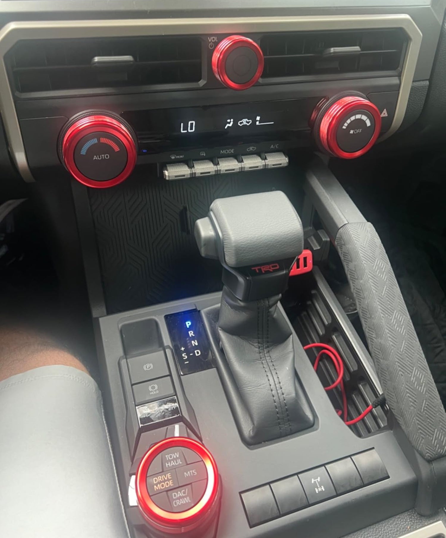 4-Piece Red Drive Mode & Volume/AC Knob Covers for 2024+ Toyota Tacoma & 2025+ 4Runner - 14-Inch Touchscreen Protection - Perfect for Off-Roading & Daily Commuting