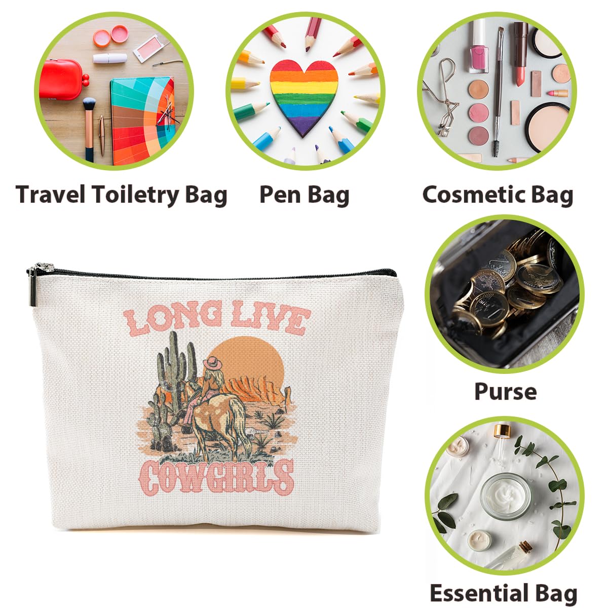 Western Makeup Bag for Women - Cowgirl Cosmetic Bag with Cactus Design, Rustic Toiletry Pouch for Country Girls | Perfect Gift for Farm Sisters, Moms - Birthday, Mother's Day Present | Great for Travel, Rodeo Events & Country Themed Parties