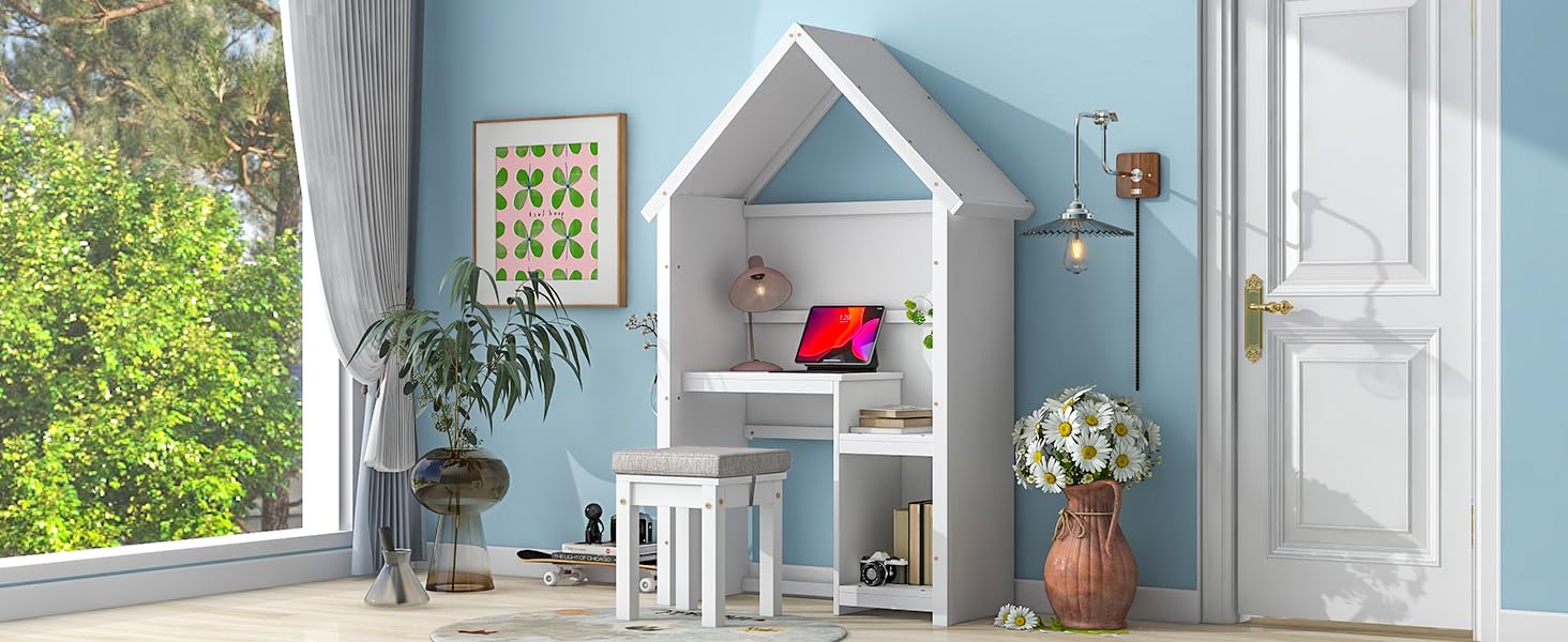 Dolonm Kids Desk and Chair Set - Wooden Study Desk with Detachable Cushion Stool & Storage Shelf, House-Shaped Design for Bedroom - Perfect for Homework, Drawing & Learning Activities (Ages 3+, White)