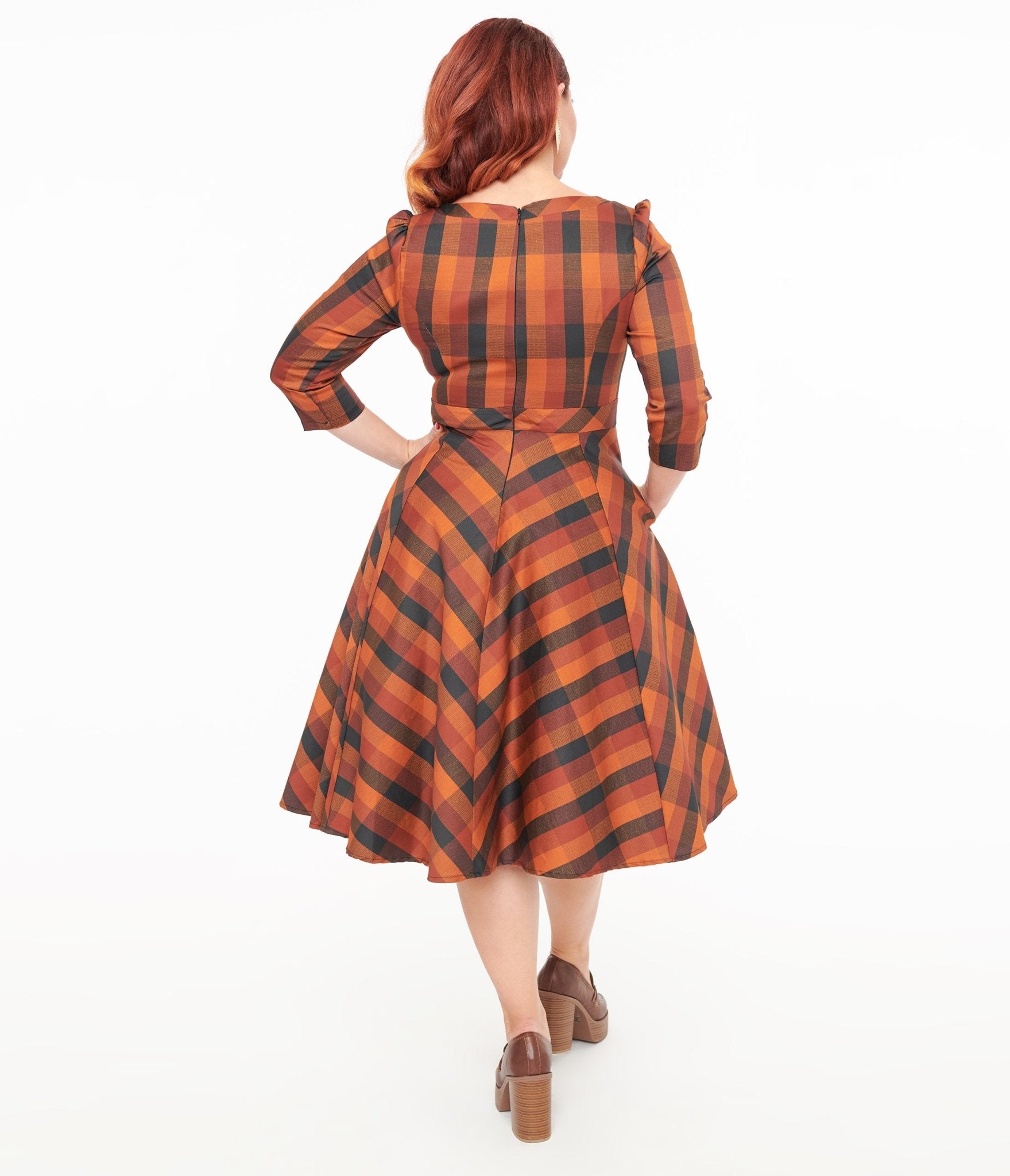 Hearts & Roses Brown & Orange Check Caitlin Swing Dress - Vintage Floral Print Women's Summer Dress for Casual Outings & Date Nights