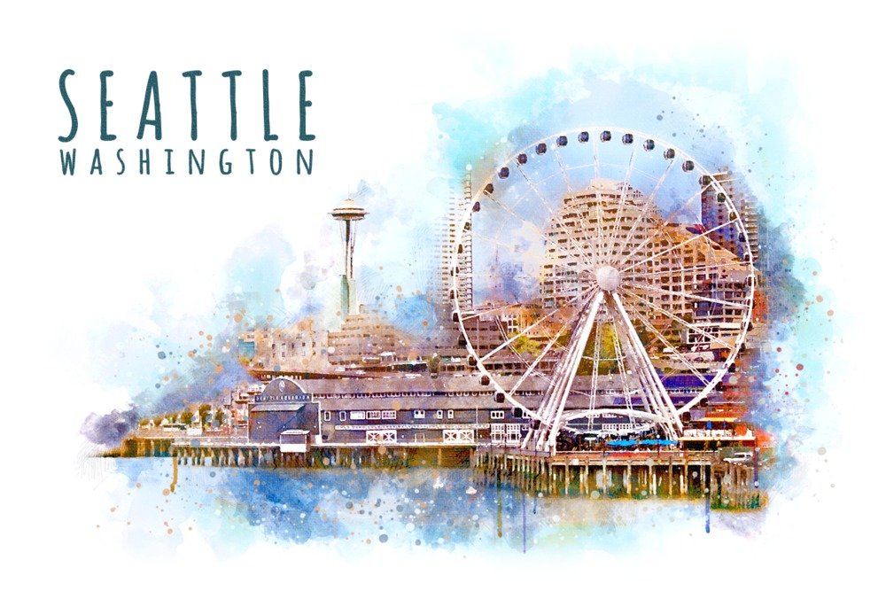 Seattle Skyline & Ferris Wheel Watercolor Art Print - 9x12 Wall Decor for Living Room, Bedroom & Office | Pacific Northwest Home Decor | Gift for Travel Lovers