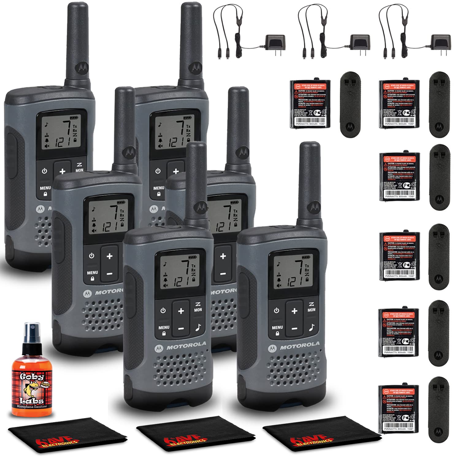 Motorola Talkabout T200 Two-Way Radios (3 Pack, 6 Radios Total) with Mic Sanitizer Spray & Microfiber Cloths - Gray - Perfect for Outdoor Adventures, Camping, Hiking & Emergency Communication