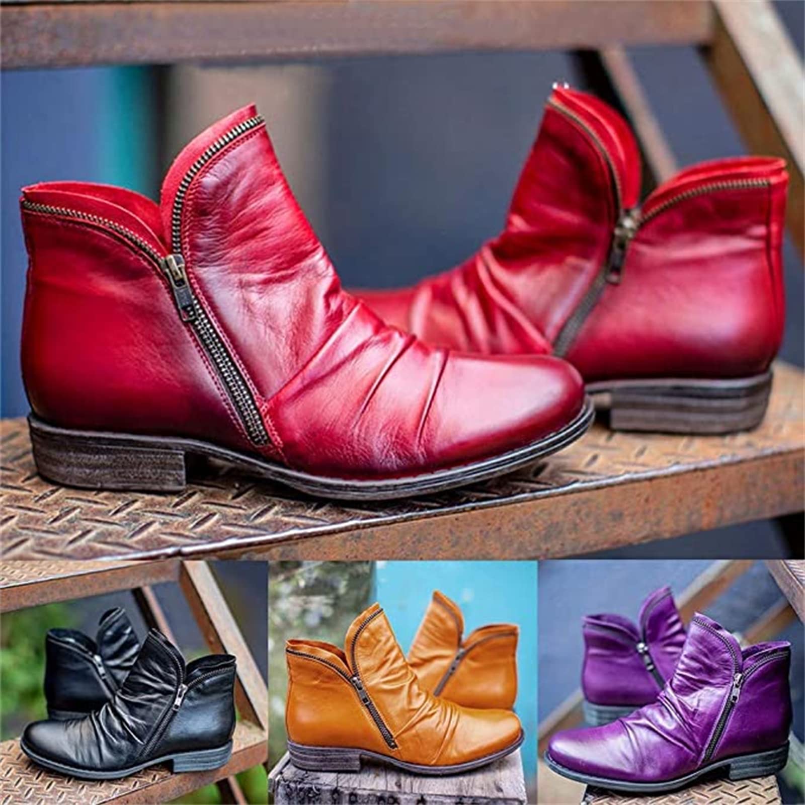 Lausiuoe Women's Ankle Booties - Low Heel Chunky Platform Combat Boots for Casual & Dressy Outfits | Slip-On Cutout Design for Work, Party & Everyday Wear