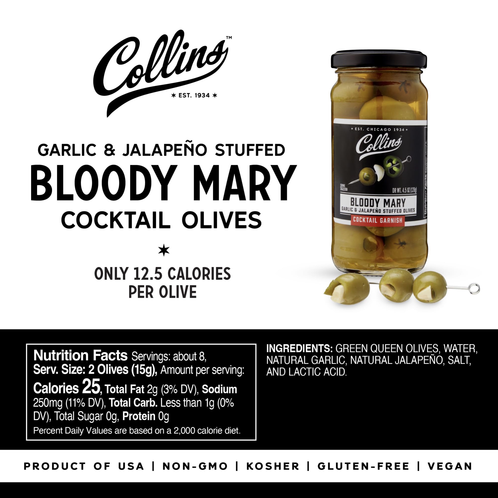 Collins Jalapeno Garlic Stuffed Cocktail Olives 4.5oz - Premium Gourmet Martini & Bloody Mary Garnish - Spicy Jalapeño & Garlic Flavored Olives for Cocktails, Charcuterie Boards & Party Snacks