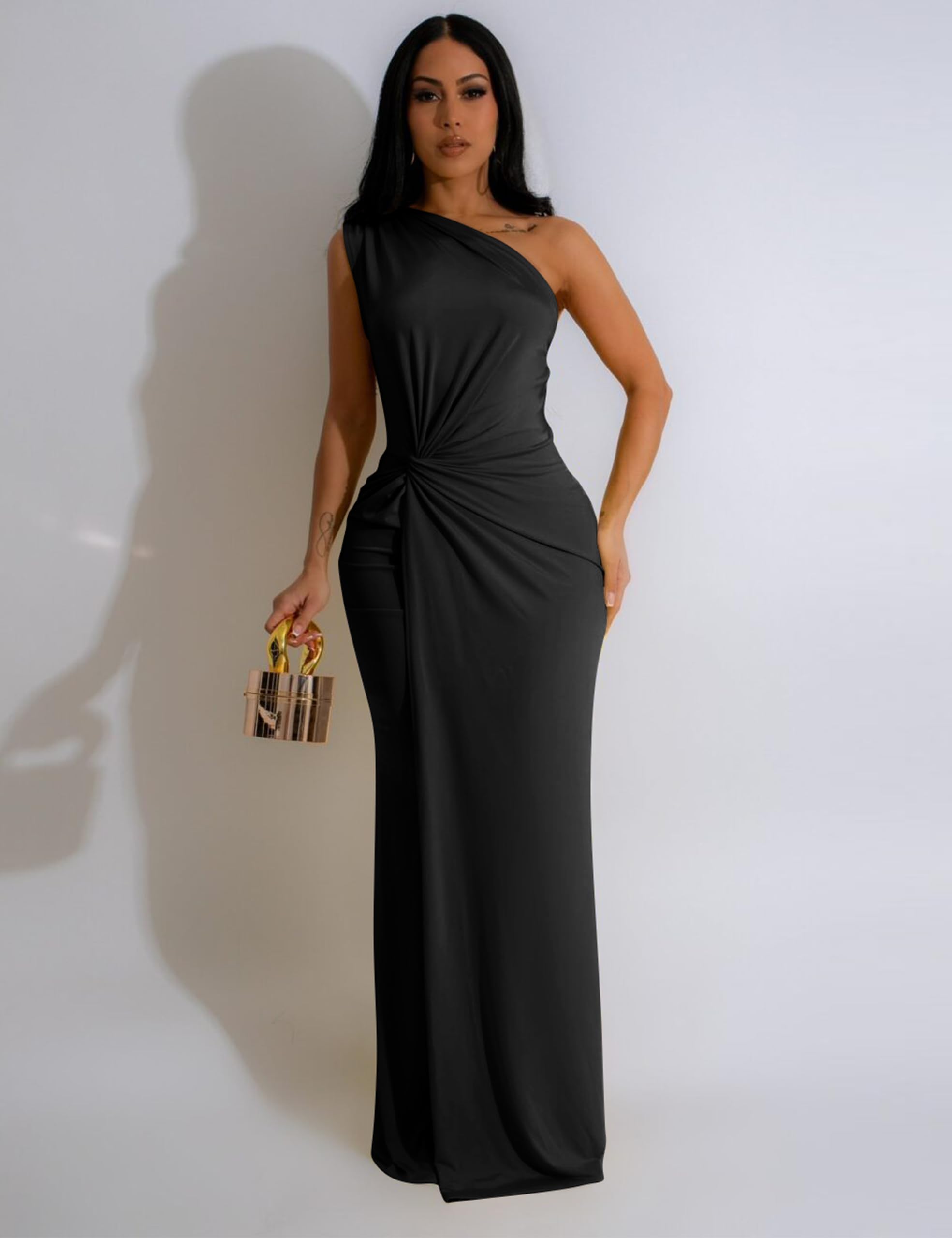 YMDUCH Women's Elegant One Shoulder Sleeveless Twist Waist Bodycon Party Long Dress - Sexy Formal Gown for Evening Events, Prom, Cocktail Parties & Special Occasions