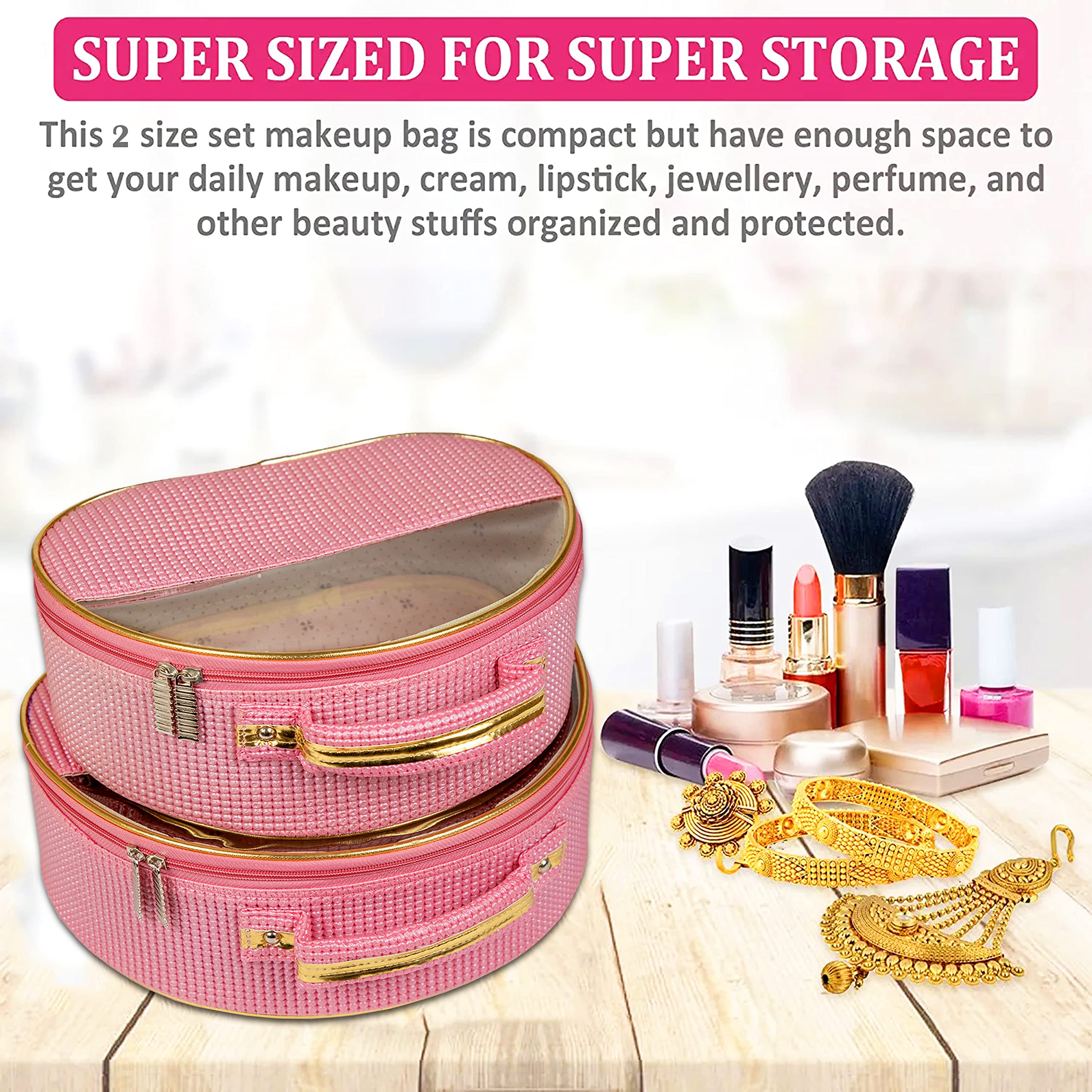 Atorakushon Fabric Travel Pouch Set - 2 Pack Pink Zippered Cosmetic Organizer Bags (Different Sizes) | Waterproof Toiletry Kit for Men & Women | Perfect for Makeup, Jewelry, Travel Essentials & Daily Use at Home, Gym, or Vacation