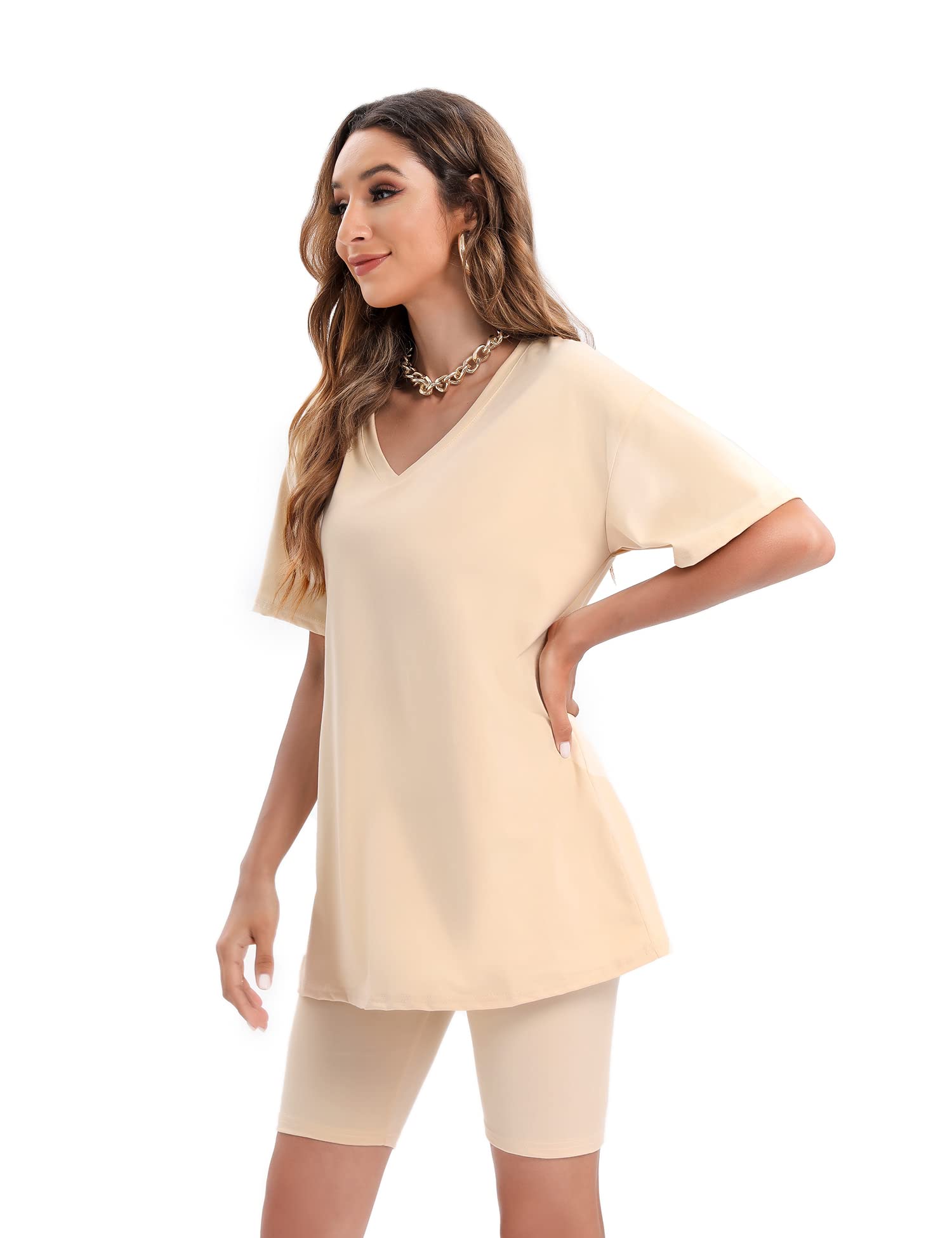 Youdiao Women's Summer Casual Two Piece Outfit - Oversized V-Neck T-Shirt & Biker Shorts Set | Lounge Wear, Gym, Running, Street Fashion