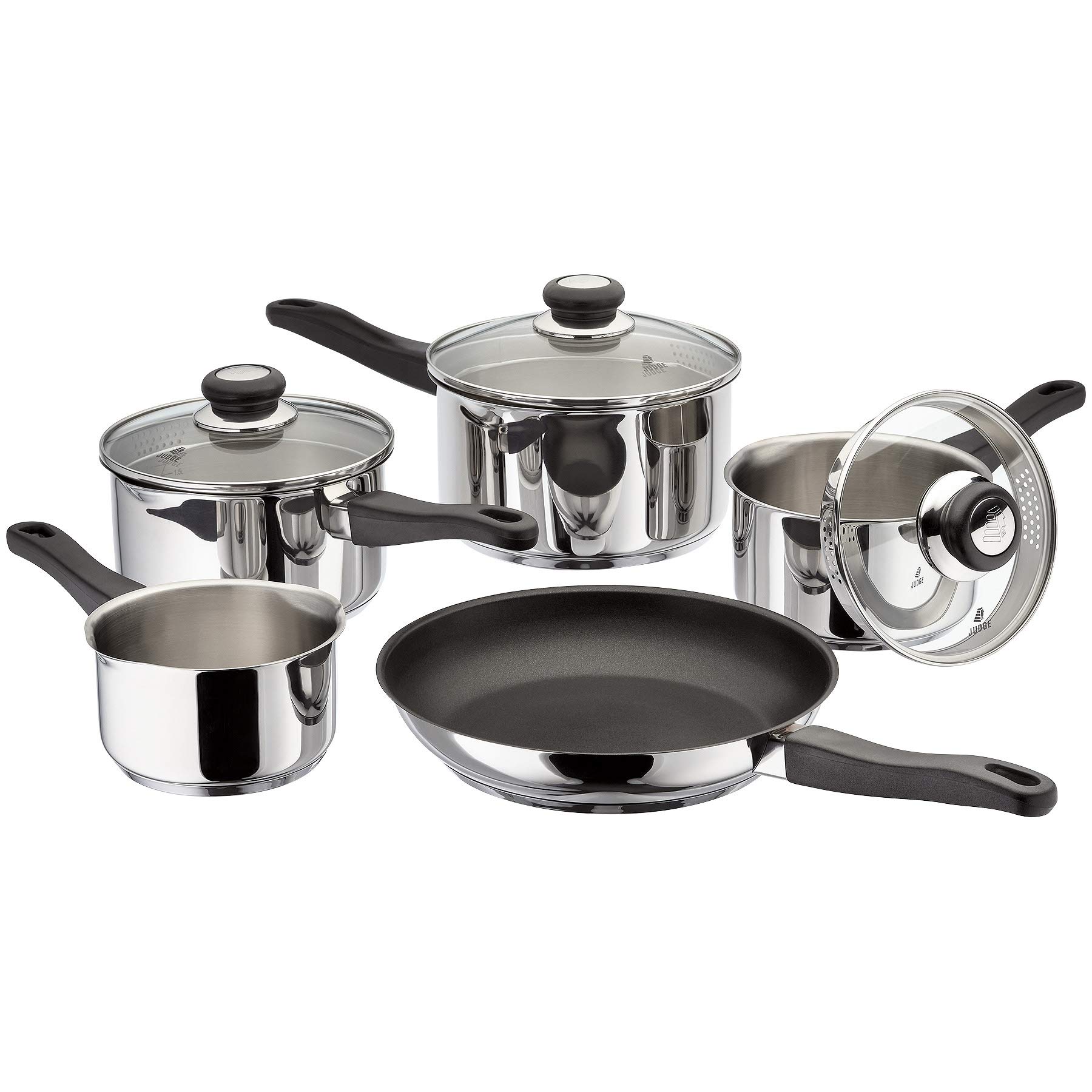 Judge Vista J3C1A 8-Piece Stainless Steel Cookware Set with Draining Pans - Includes 1.5QT, 3QT, 4QT Saucepans with Lids, 1QT Milk Pan & 9.5QT Non-Stick Frying Pan - Induction Compatible - 25 Year Warranty - Perfect for Boiling, Frying & Everyday Cooking