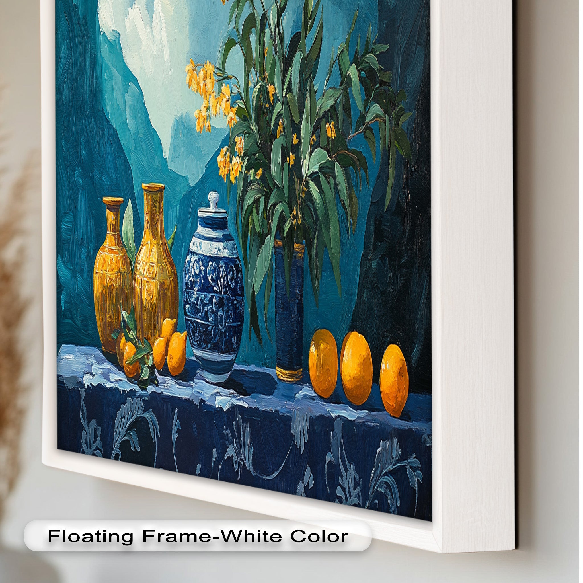 Blue & Yellow Citrus Still Life Vase - Handmade Framed Oil Painting for Home Decor, Living Room, Dining Room Wall Art