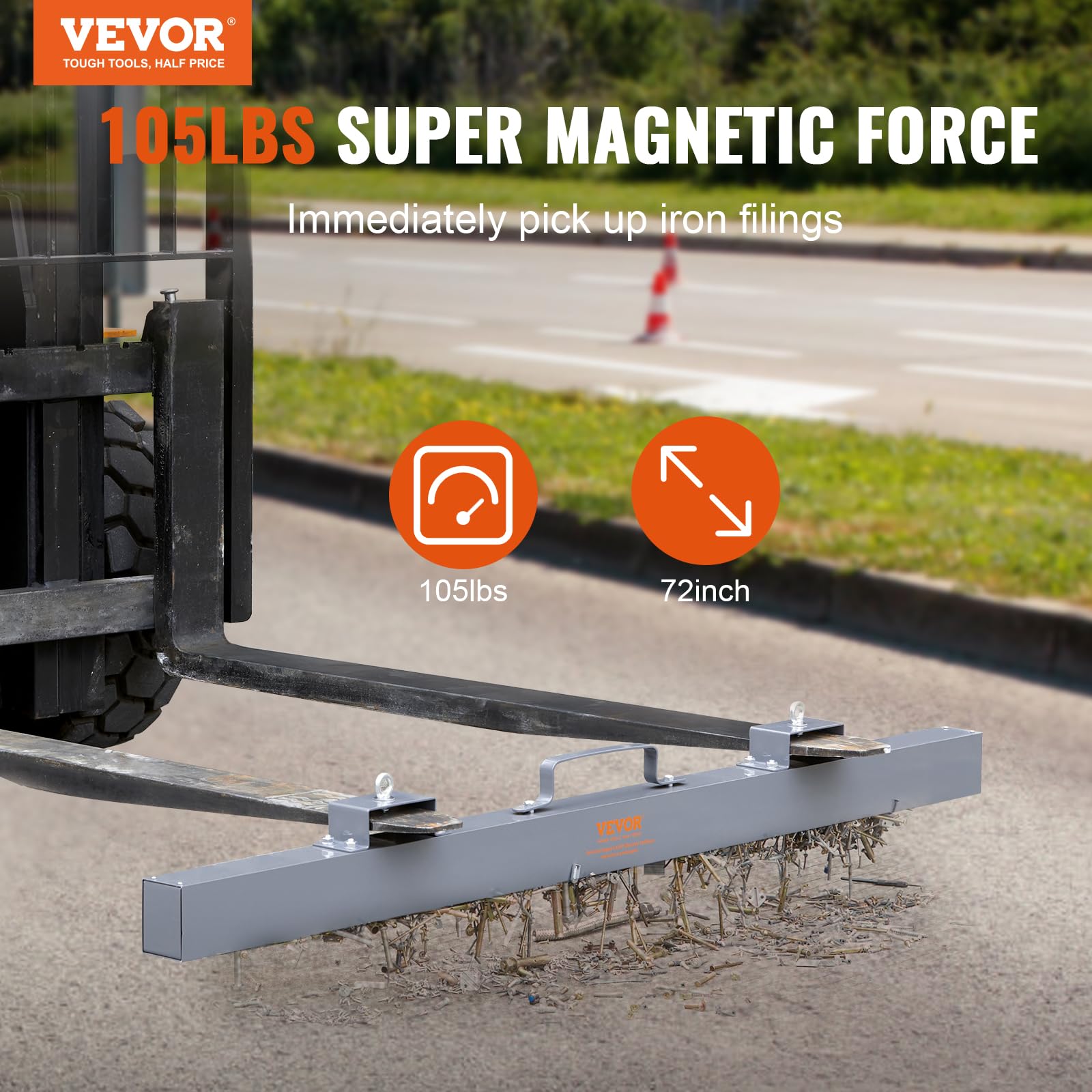 Mophorn 72 Inch Magnetic Sweeper - 89 LBS Heavy Duty Hanging Magnet for Forklifts | Industrial Strength Steel Magnet for Collecting Nails, Bolts & Iron Chips | Perfect for Construction Sites, Warehouses & Metal Workshops