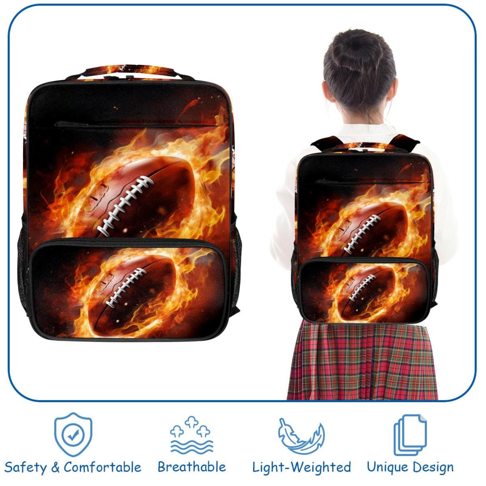 Stylish Travel Backpacks for Women & Men - Durable American Football Design with Flame Pattern - Perfect for College, Hiking, Work & Gym Use