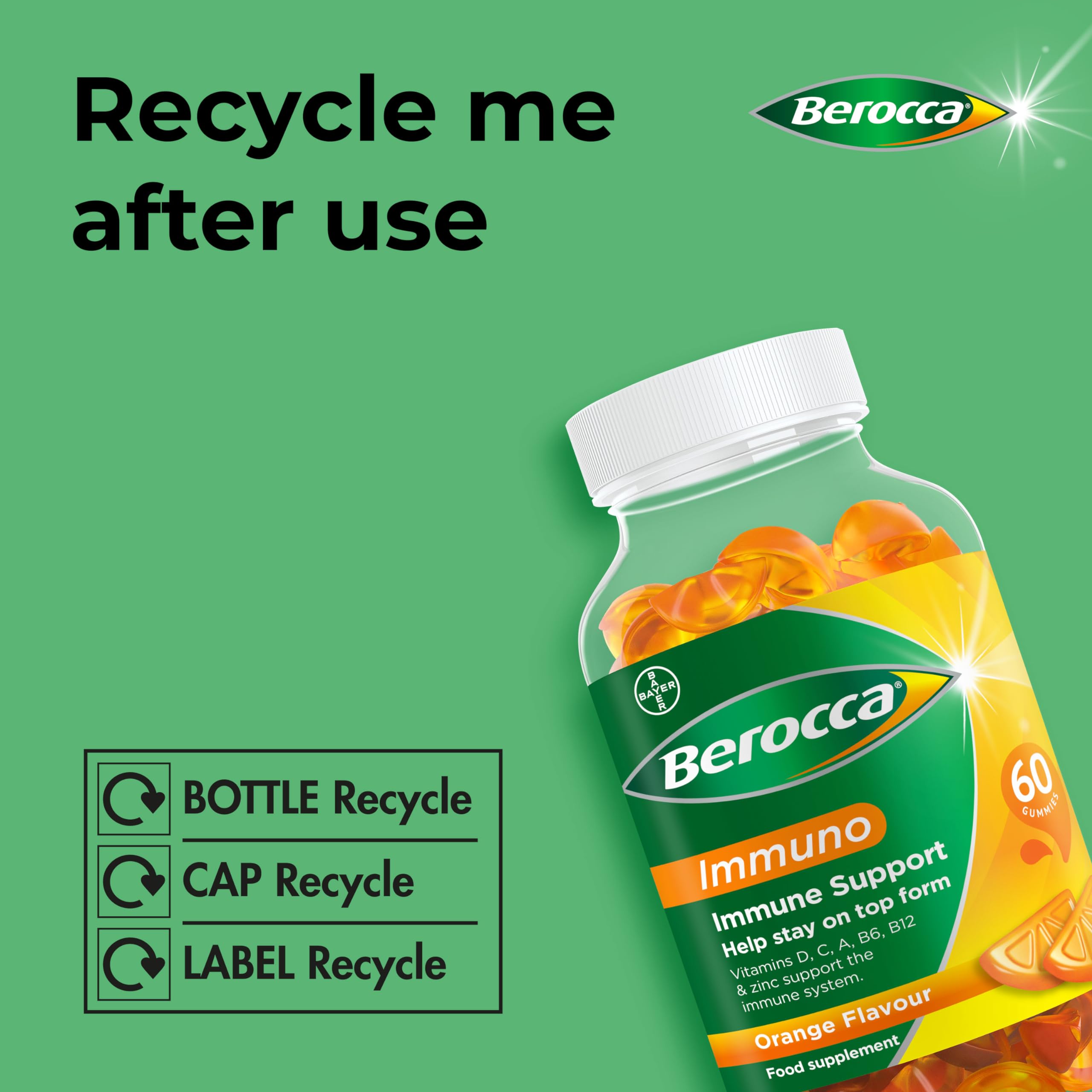 Berocca Immuno 60 Gummies - Orange Flavor Vitamin C & Zinc Supplement for Immune Support - Perfect for Daily Wellness & Travel Protection